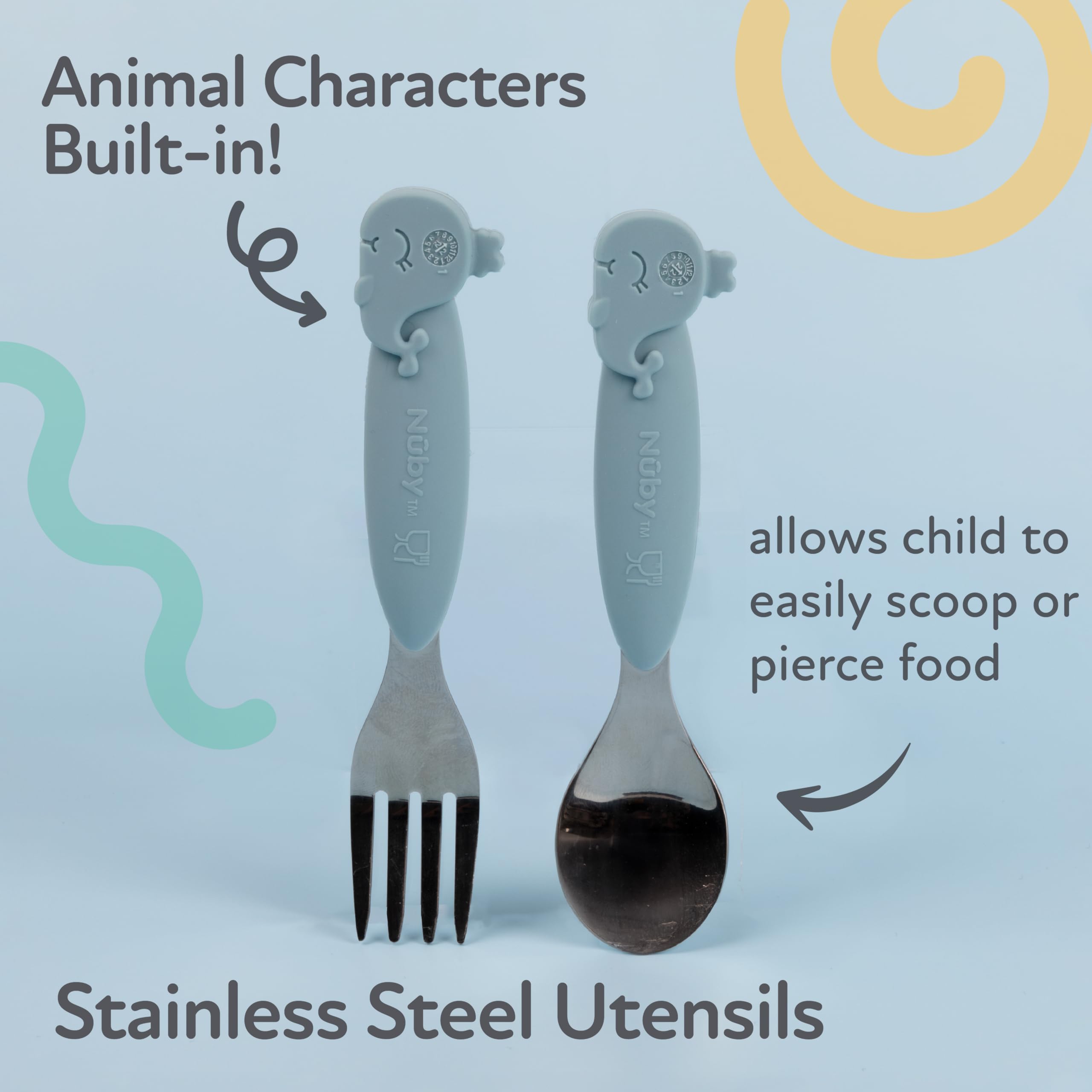Nuby Animal Friends Silicone and Stainless Steel Fork and Spoon Set - 12+ Months - Blue Whale - Image 3