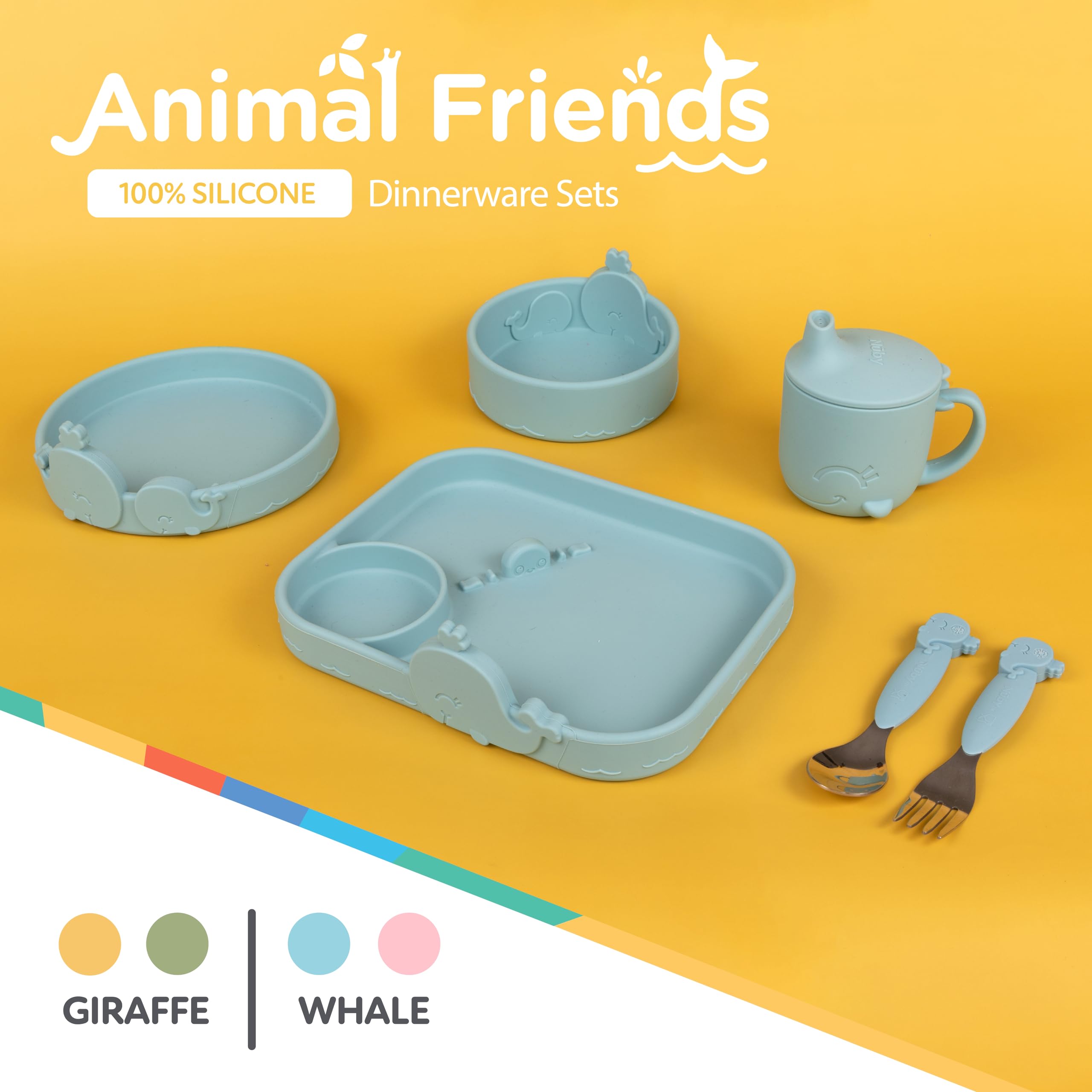 Nuby Animal Friends Silicone and Stainless Steel Fork and Spoon Set - 12+ Months - Blue Whale - Image 4