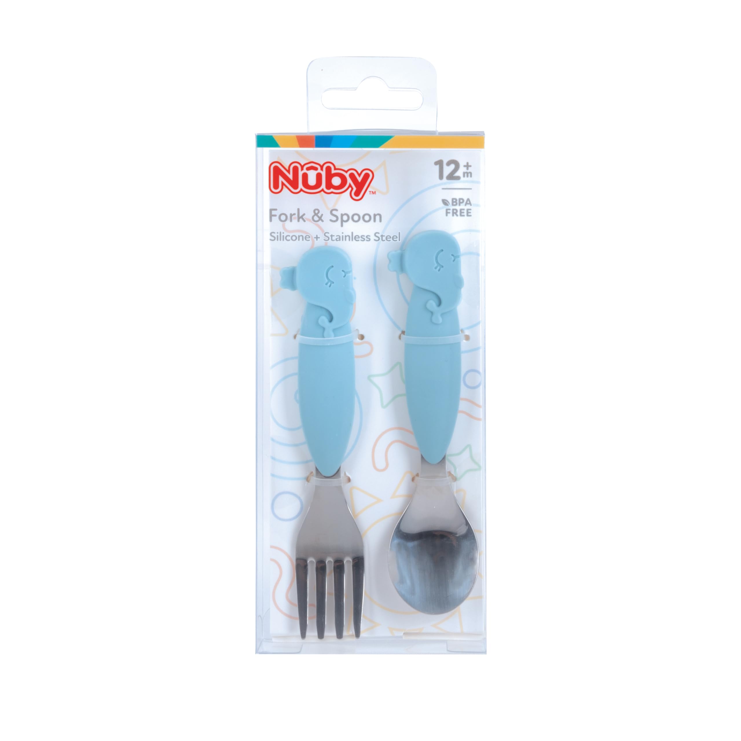 Nuby Animal Friends Silicone and Stainless Steel Fork and Spoon Set - 12+ Months - Blue Whale - Image 6