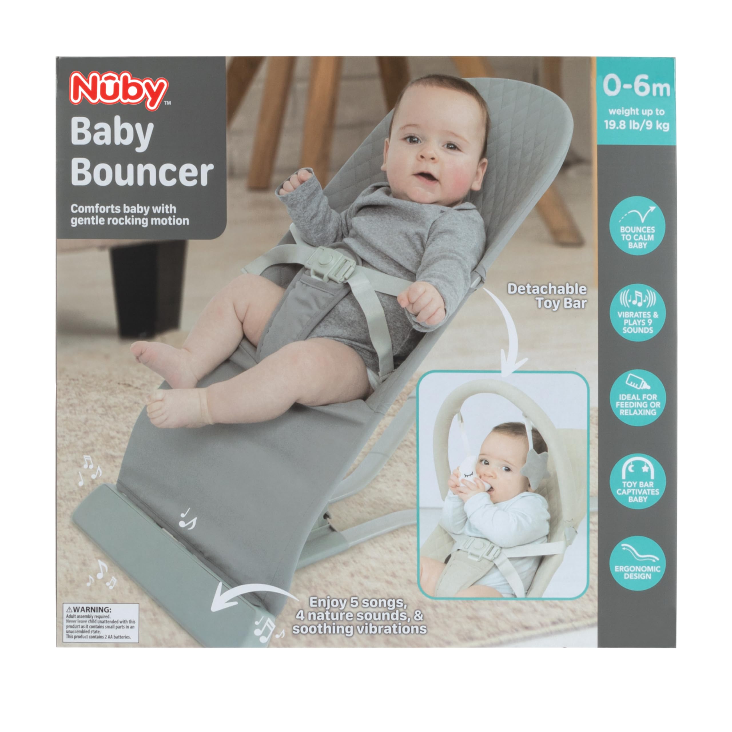 Nuby Baby Bouncer Seat - Portable Infant Bouncer with Music, Fun Sounds, and Soothing Vibrations - 0-6 Months - Beige - Image 8