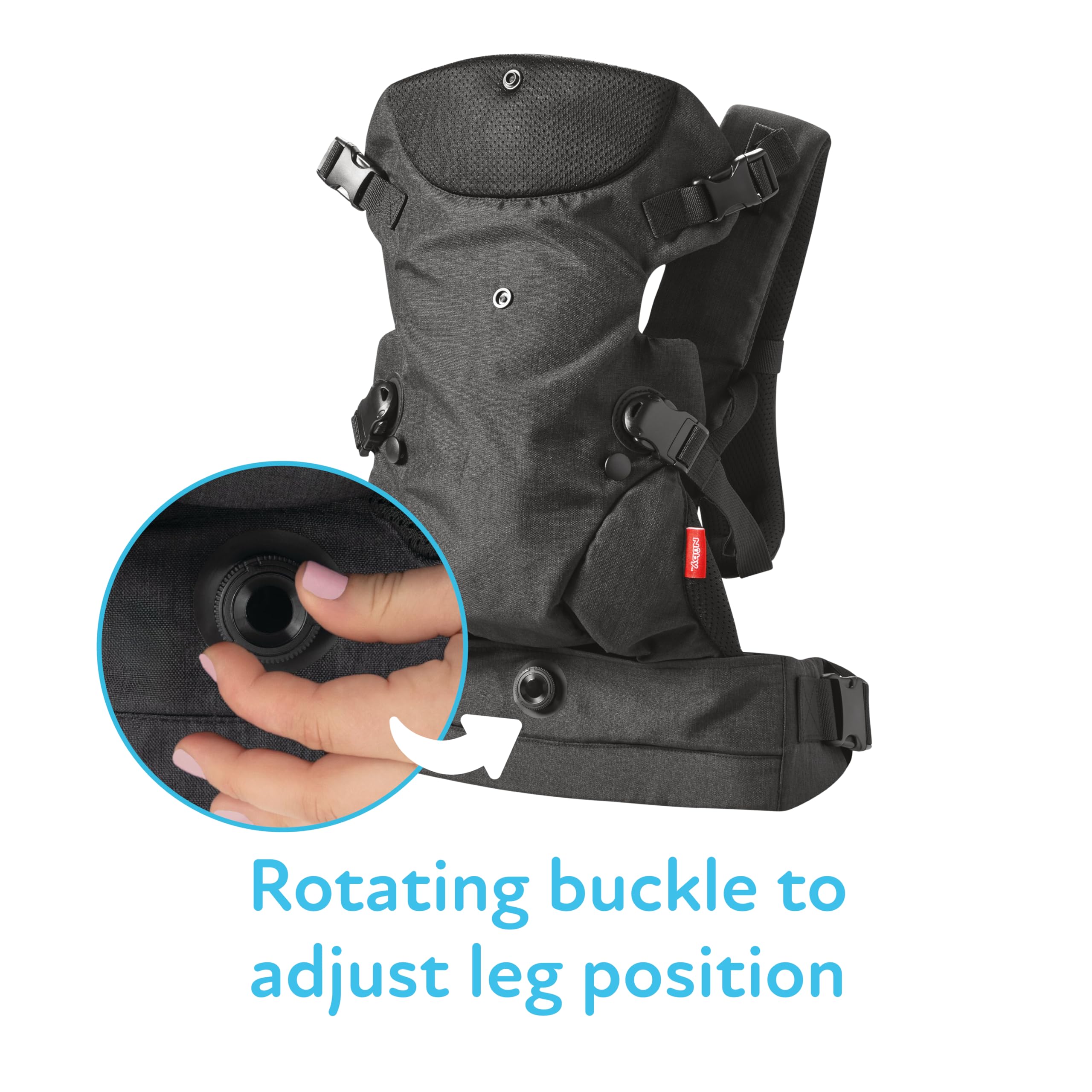 Nuby Baby Carrier with 3 Carry Positions, Adjustable Leg Support for “M” Position, Padded Shoulder Straps & Waist Belt – Lightweight, Comfortable & Secure Inward, Outward & Back Carry Option, Black - Image 6