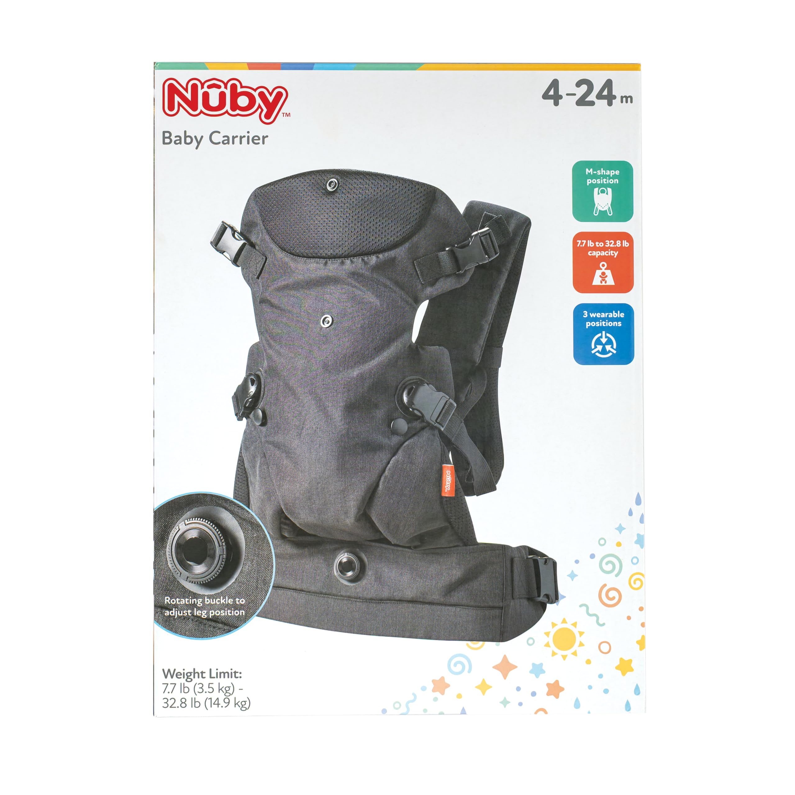 Nuby Baby Carrier with 3 Carry Positions, Adjustable Leg Support for “M” Position, Padded Shoulder Straps & Waist Belt – Lightweight, Comfortable & Secure Inward, Outward & Back Carry Option, Black - Image 7