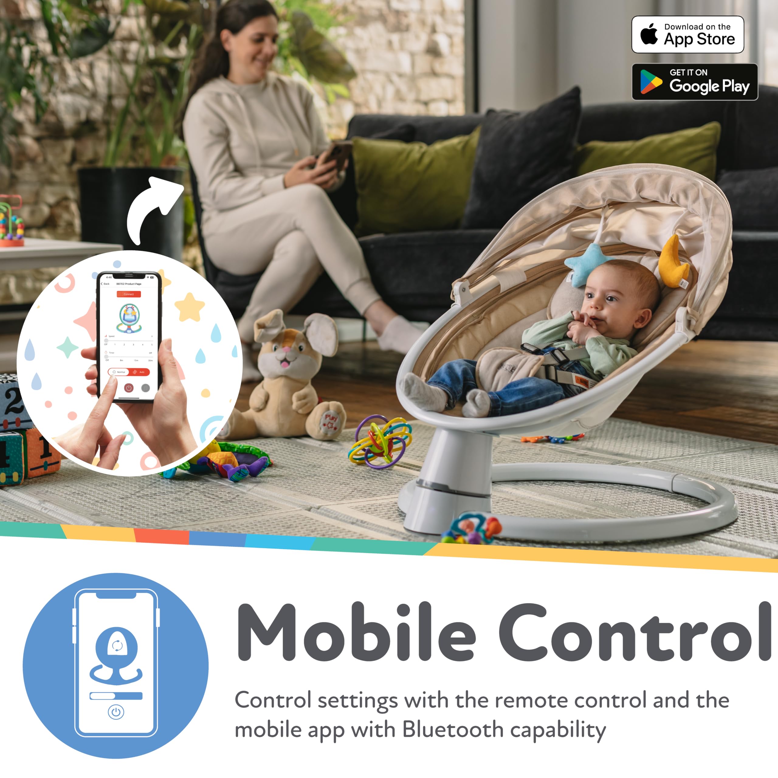 Nuby Baby Swing with Canopy and Remote - 5-Level Infant Swing with Soothing Sounds and Mobile App Control - 0-9 Months - Gray - Image 3