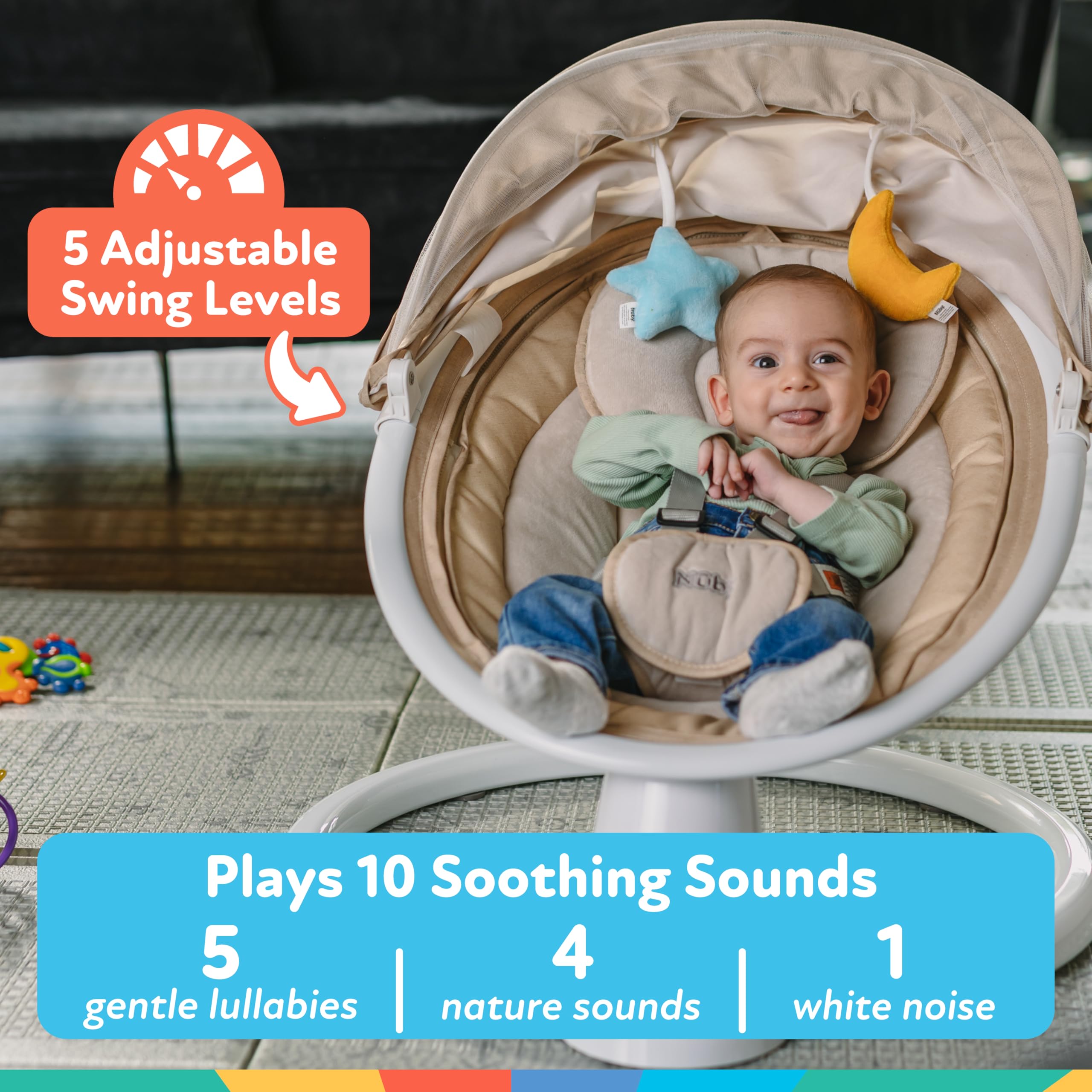 Nuby Baby Swing with Canopy and Remote - 5-Level Infant Swing with Soothing Sounds and Mobile App Control - 0-9 Months - Gray - Image 5