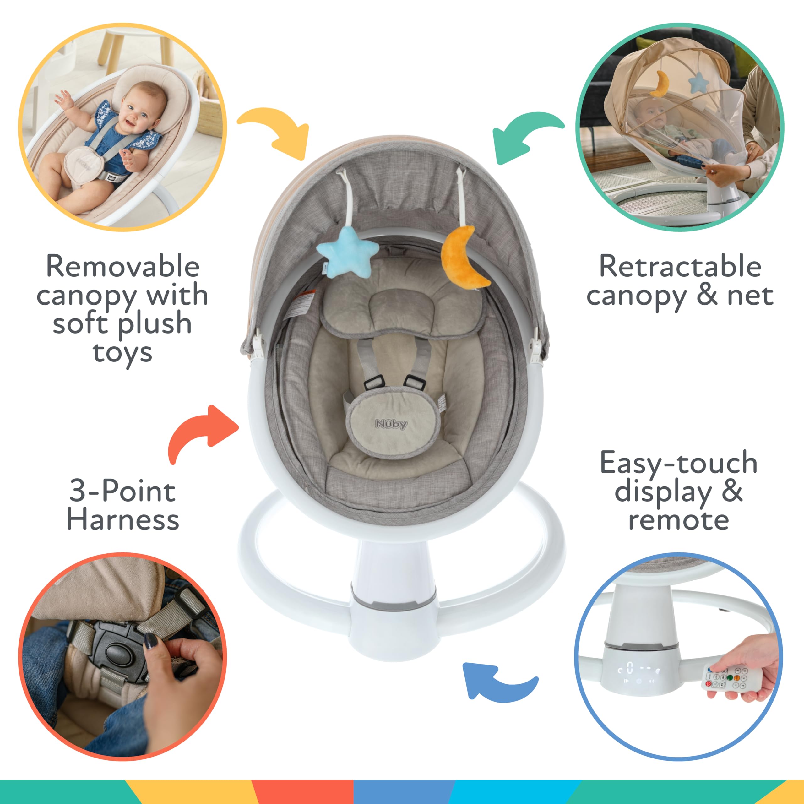 Nuby Baby Swing with Canopy and Remote - 5-Level Infant Swing with Soothing Sounds and Mobile App Control - 0-9 Months - Gray - Image 6