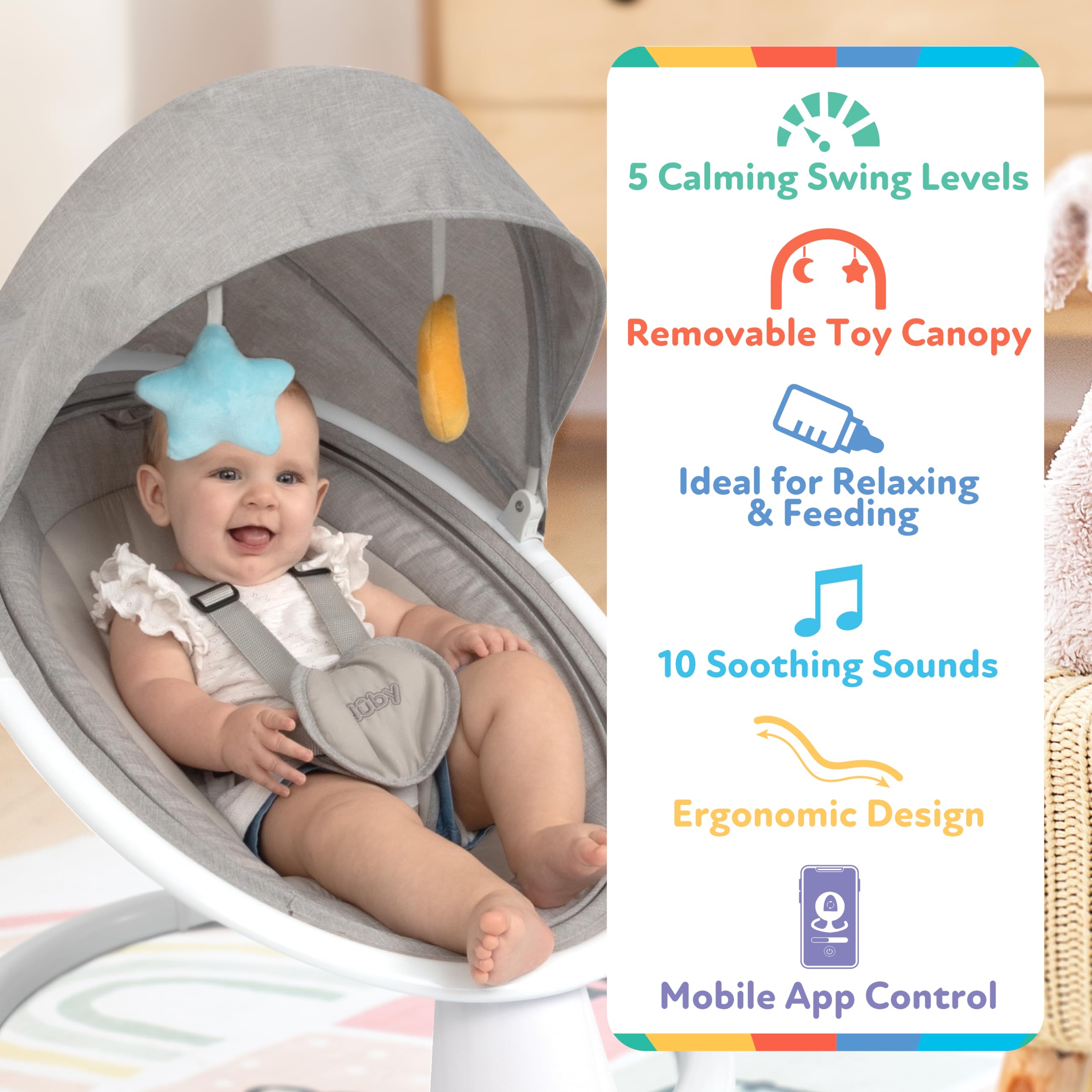 Nuby Baby Swing with Canopy and Remote - 5-Level Infant Swing with Soothing Sounds and Mobile App Control - 0-9 Months - Gray - Image 7