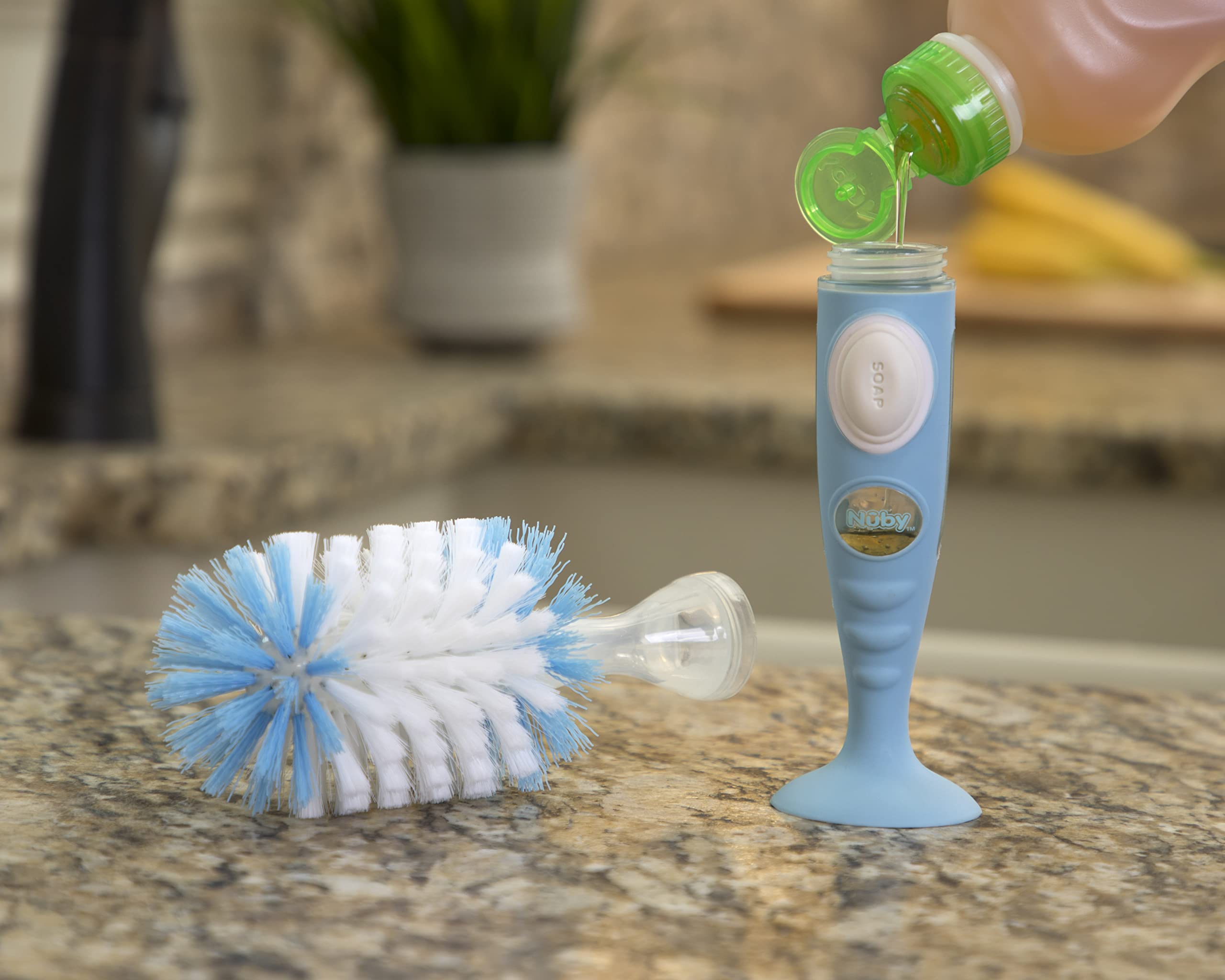 Nuby Easy Clean Dispensing Soft and Durable Bristle Bottle Brush with Textured Handles and Suction Base, 2 in 1 System, Blue - Image 3