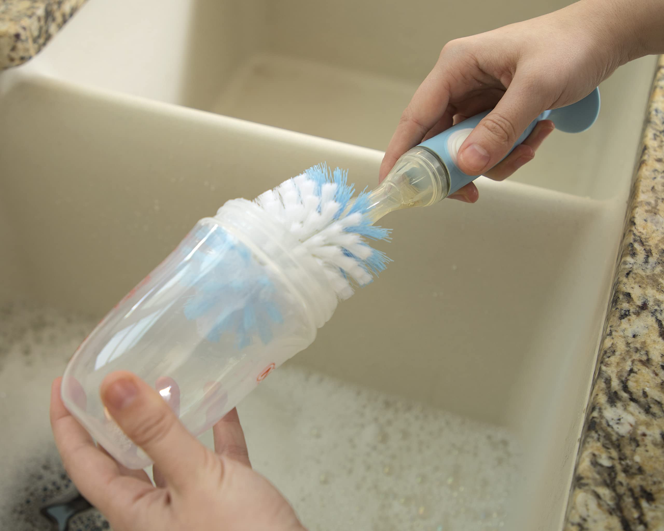 Nuby Easy Clean Dispensing Soft and Durable Bristle Bottle Brush with Textured Handles and Suction Base, 2 in 1 System, Blue - Image 5