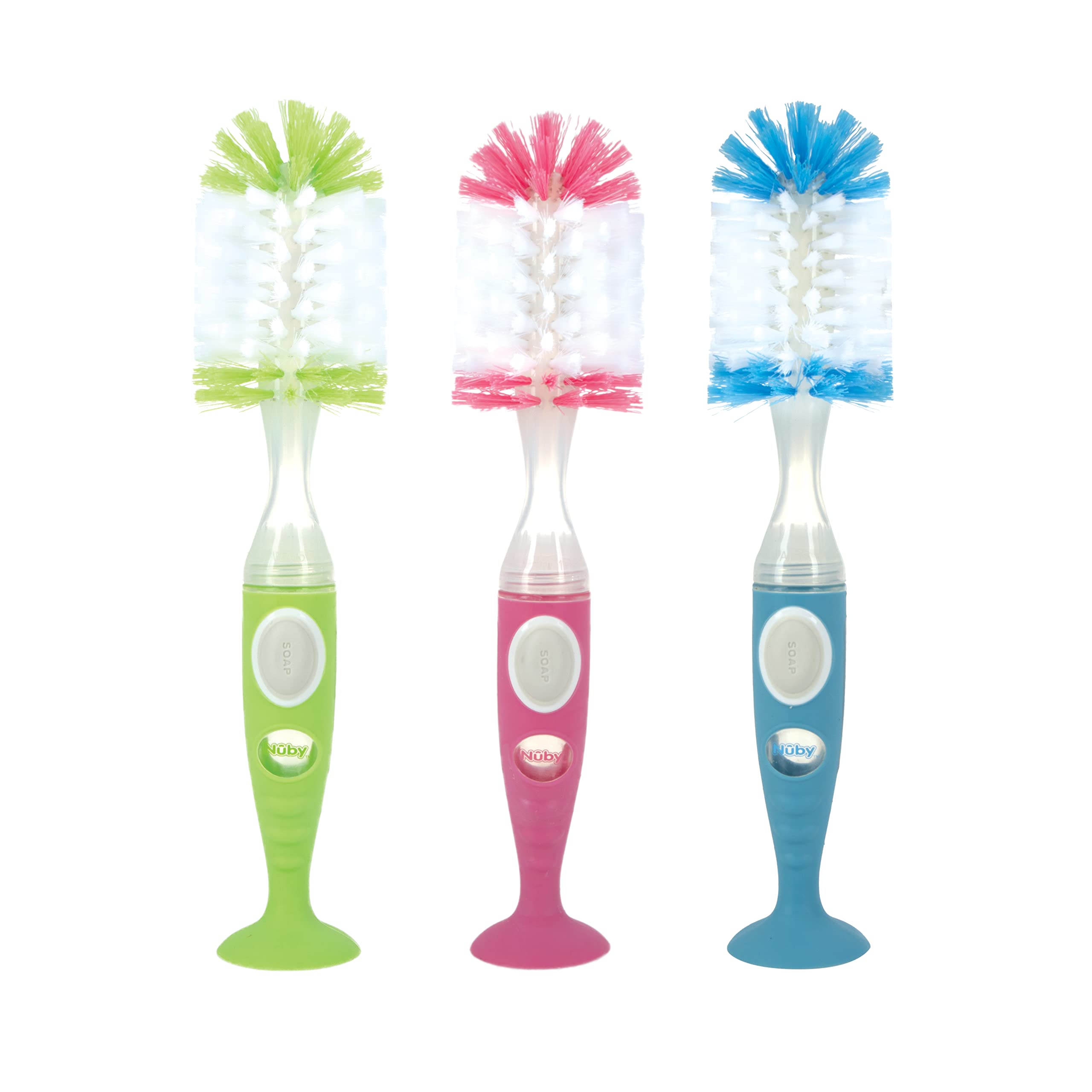 Nuby Easy Clean Dispensing Soft and Durable Bristle Bottle Brush with Textured Handles and Suction Base, 2 in 1 System, Blue - Image 6