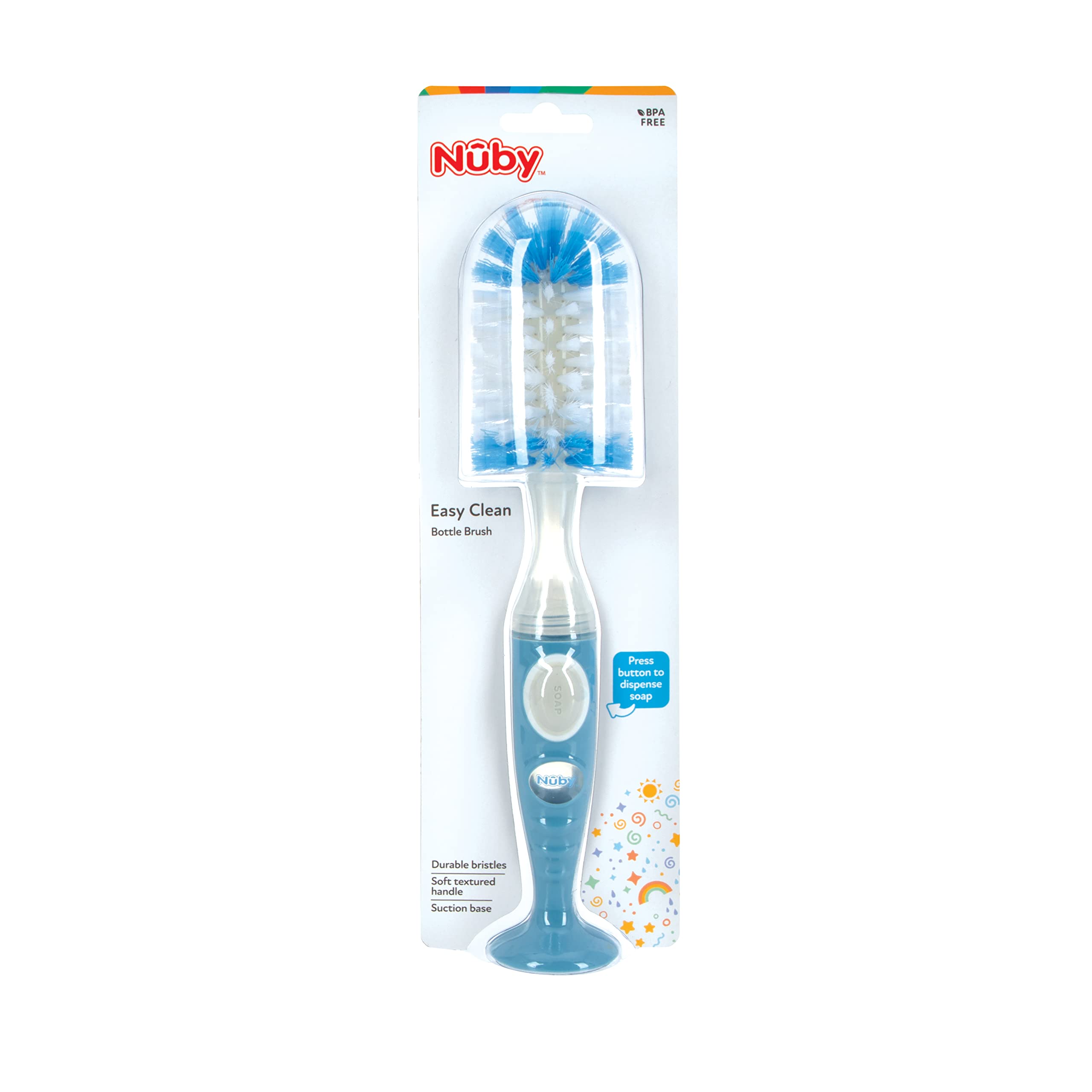 Nuby Easy Clean Dispensing Soft and Durable Bristle Bottle Brush with Textured Handles and Suction Base, 2 in 1 System, Blue - Image 7