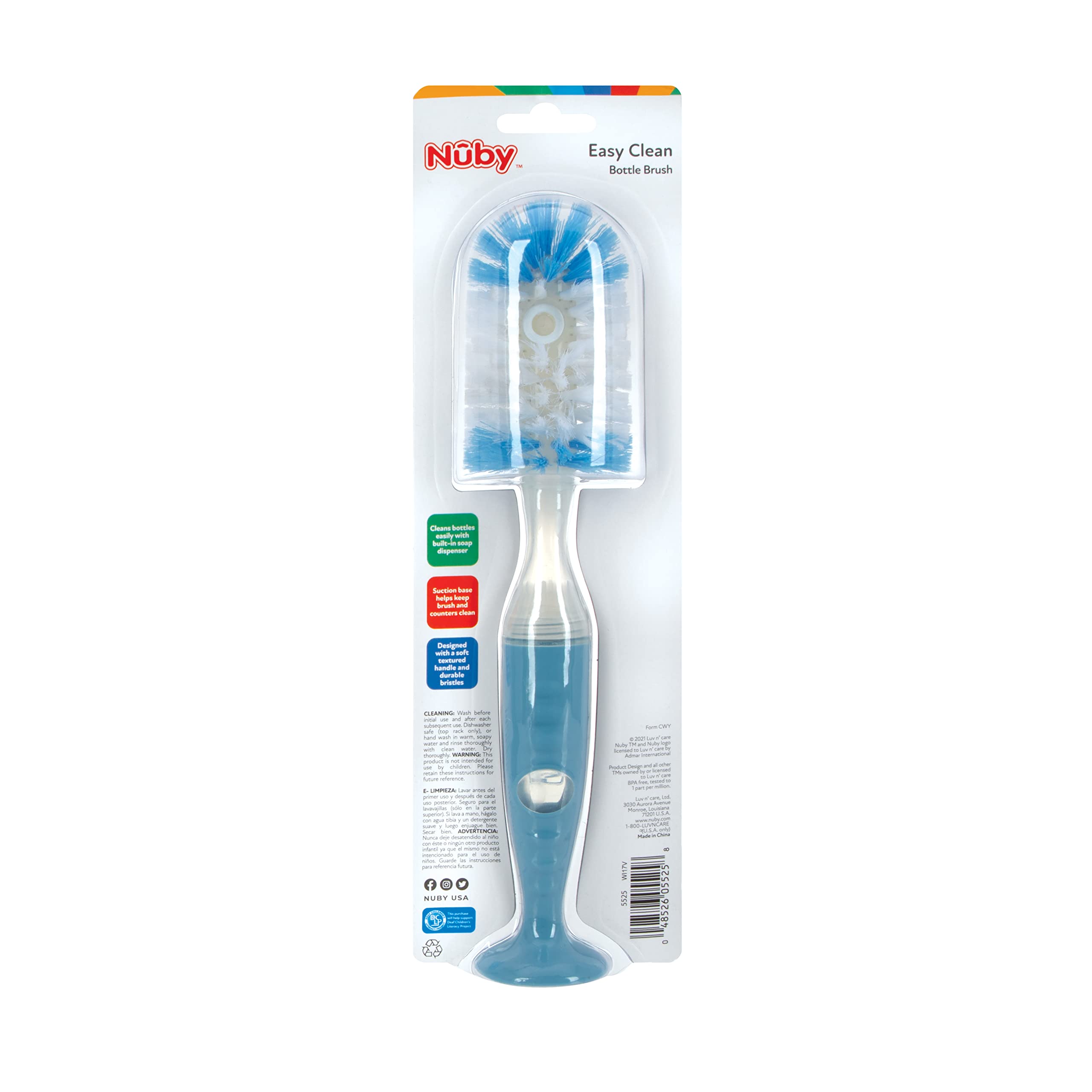 Nuby Easy Clean Dispensing Soft and Durable Bristle Bottle Brush with Textured Handles and Suction Base, 2 in 1 System, Blue - Image 8