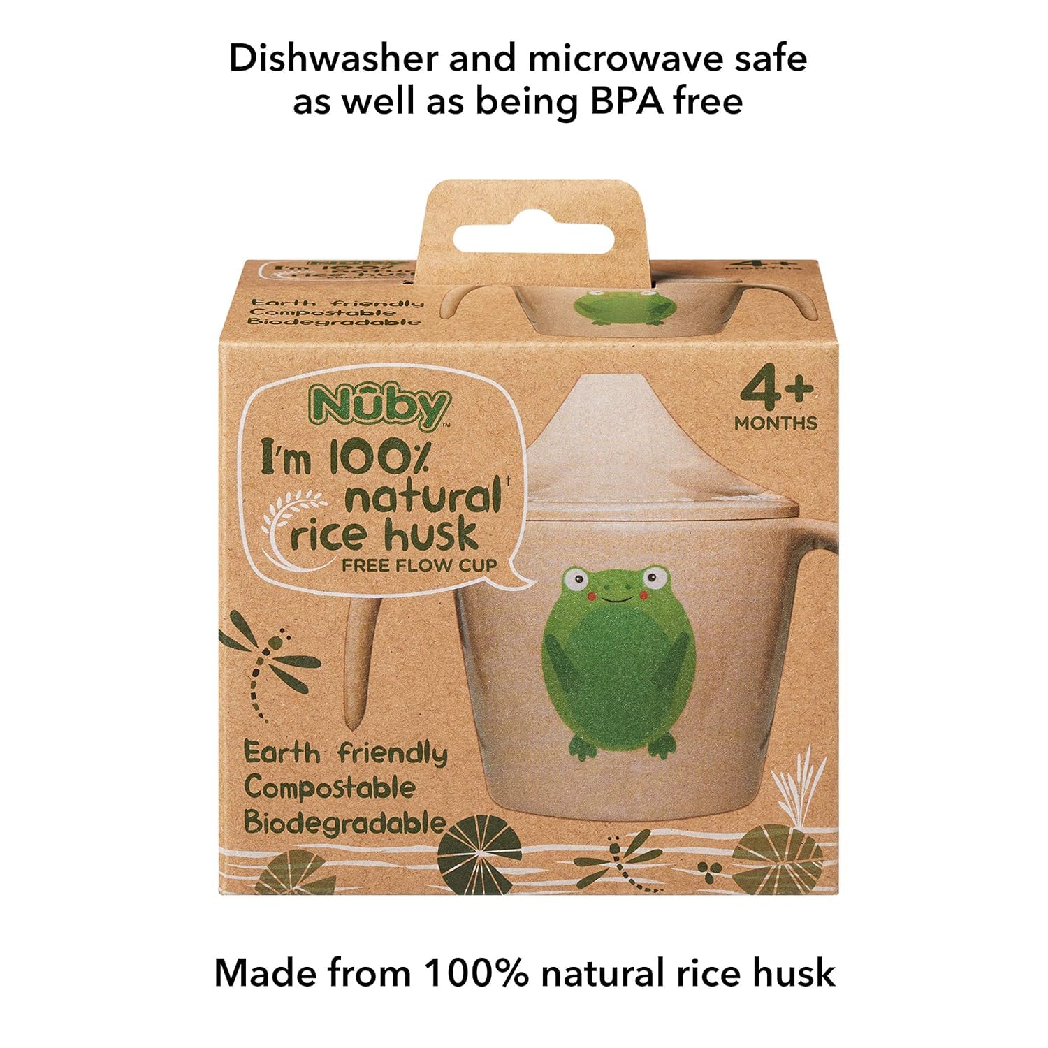 Nuby Eco-Friendly Natural Rice Husk Bite Resistant Two-Handle Free Flow Training Cup: Frog Print, 4+ Months- Fully Compostable and Biodegrable - Image 5