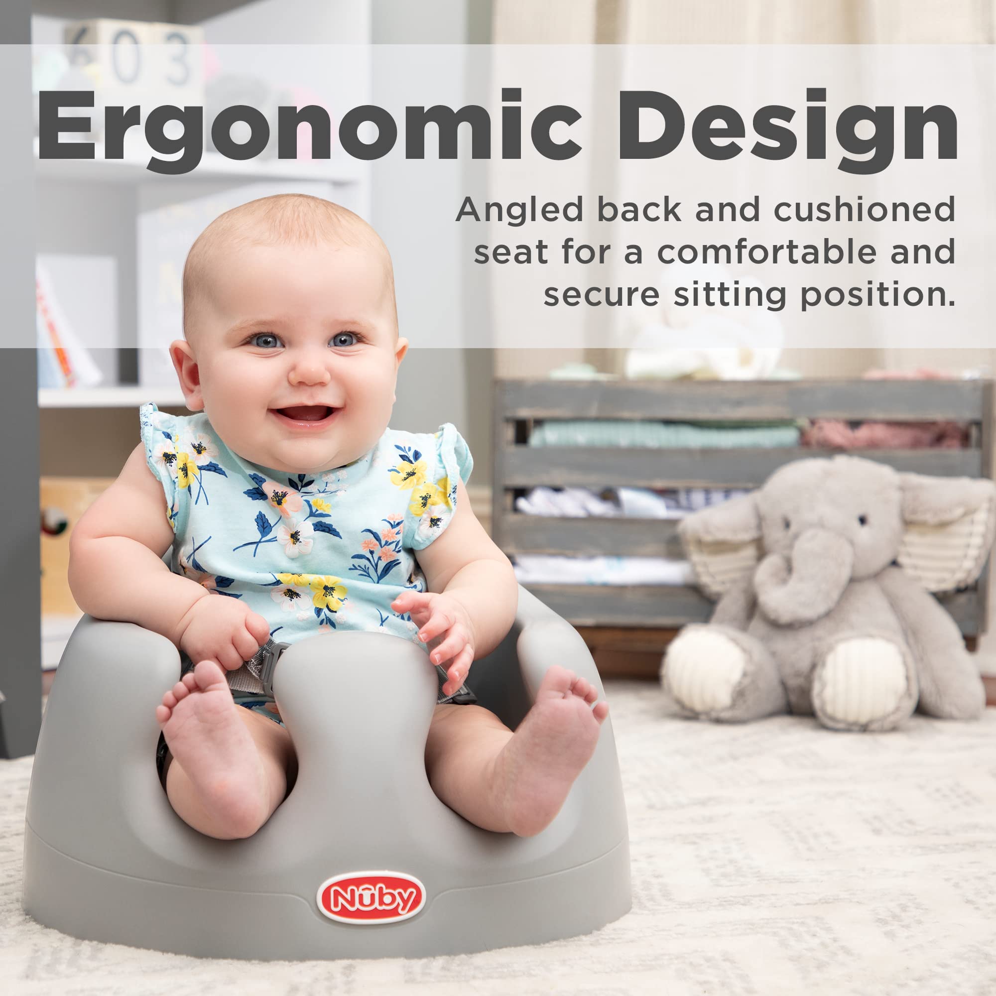 Nuby My Floor Seat - Portable Baby Chair with Soft Foam Cushion, Safety Harness, and High Back Design - 4+ Months - Gray - Image 4