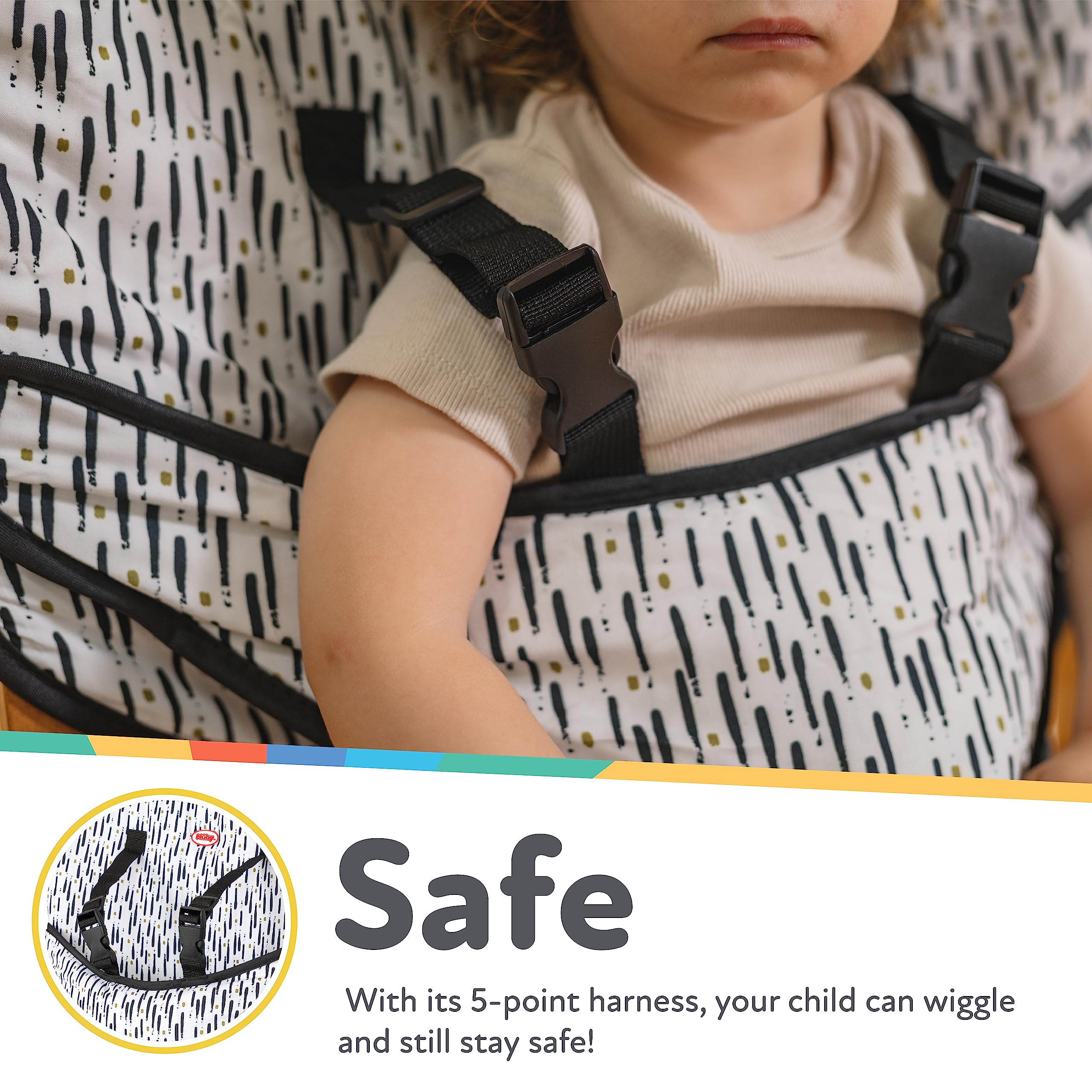 Nuby On The Go Toddler Portable Travel Chair for Babies and Toddlers - 5 Point Safety Adjustable Straps - 6+ Months - Folds into a Storage Bag, Brush Strokes - Image 5