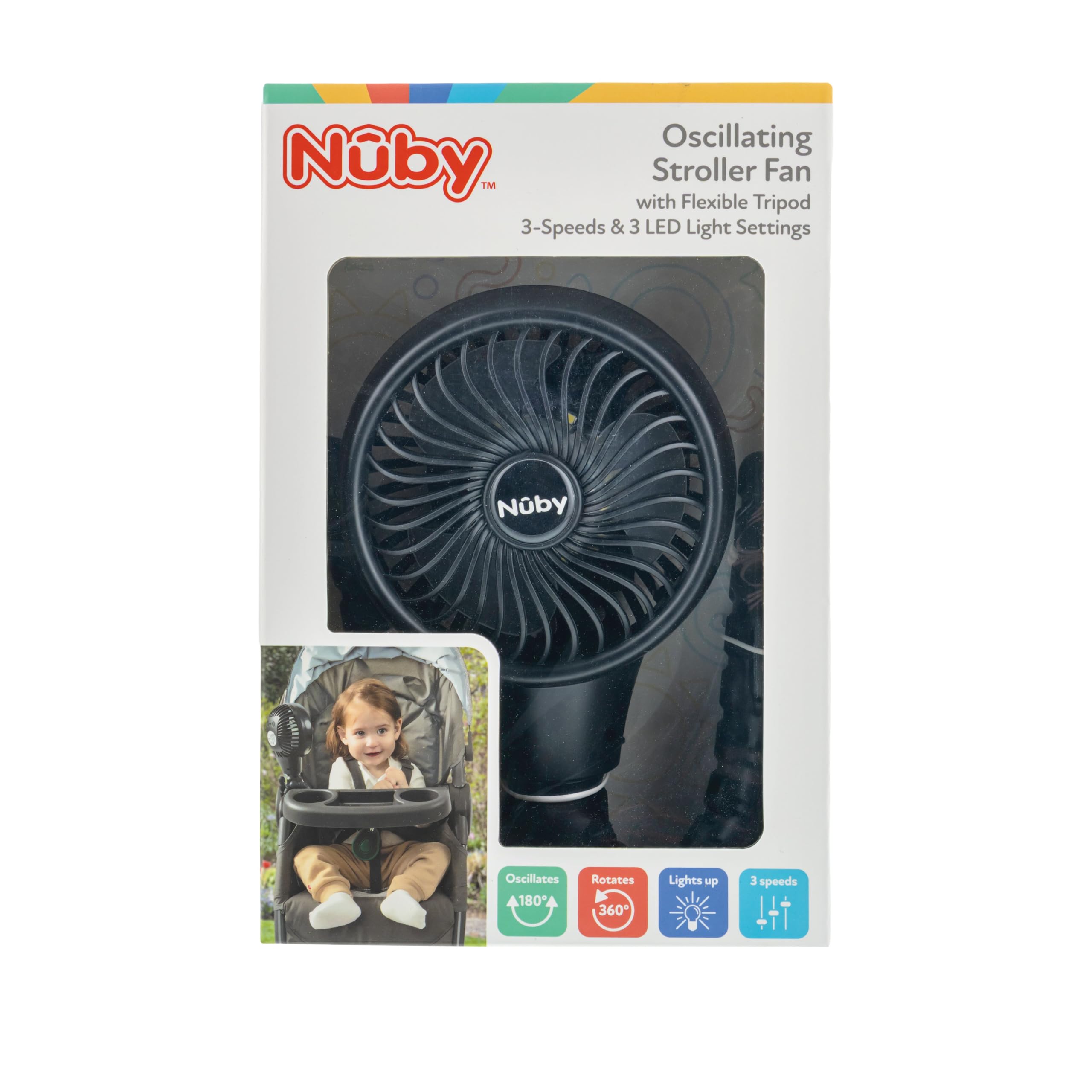 Nuby Oscillating Stroller Fan with Adjustable Legs - 3-Speed Portable Fan for Car Seats and Play Yards - Stroller Accessories - Summer Travel Essentials - Black - Image 7