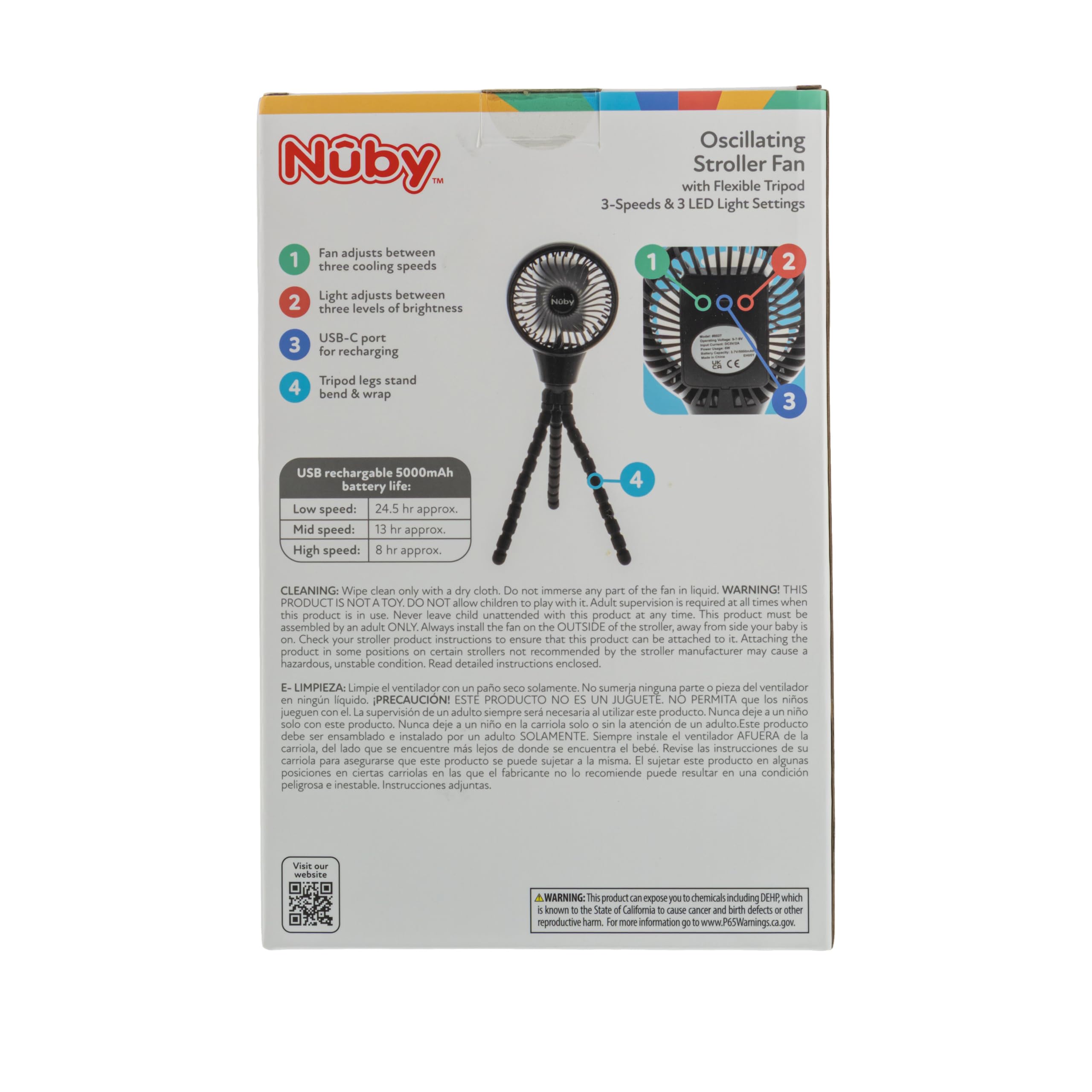 Nuby Oscillating Stroller Fan with Adjustable Legs - 3-Speed Portable Fan for Car Seats and Play Yards - Stroller Accessories - Summer Travel Essentials - Black - Image 8