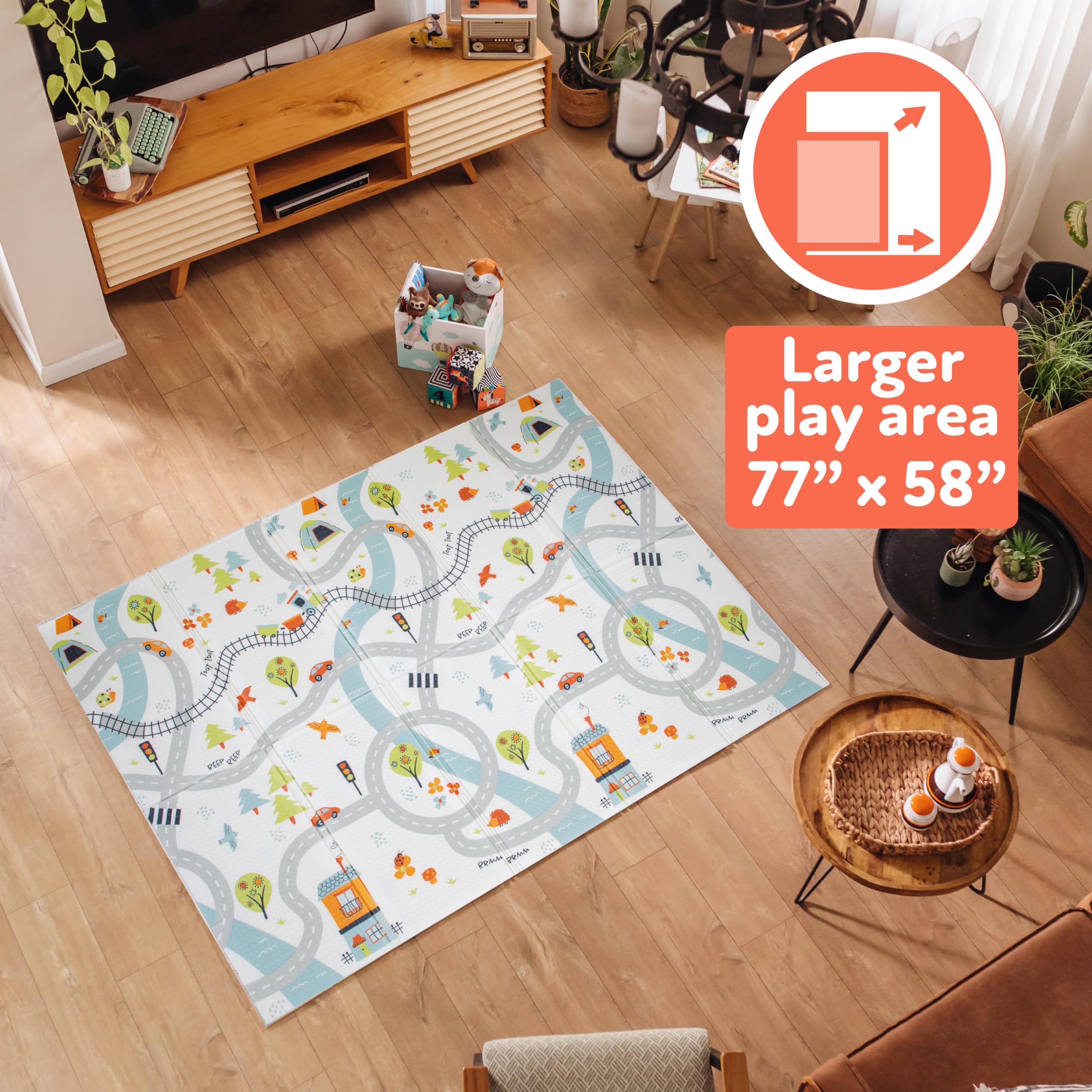 Nuby Reversible Baby Floor Mat - Foldable and Lightweight Foam Infant Play Mat - 77" x 58" - Easy Storage and Travel - Car Tracks/Alphabet - Image 3