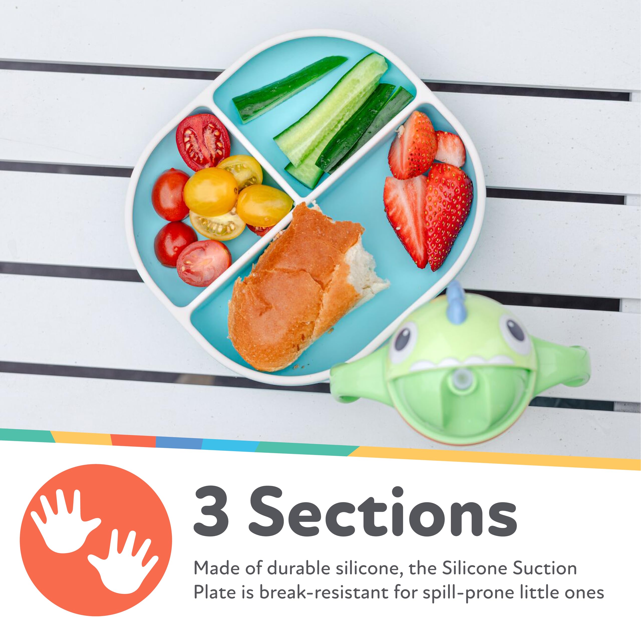 Nuby Silicone Rectangle Suction Plate with Lid - Dishwasher-Safe Baby and Toddler Plate - 6+ Months - Blue and Yellow - Back to School Essentials - Image 3