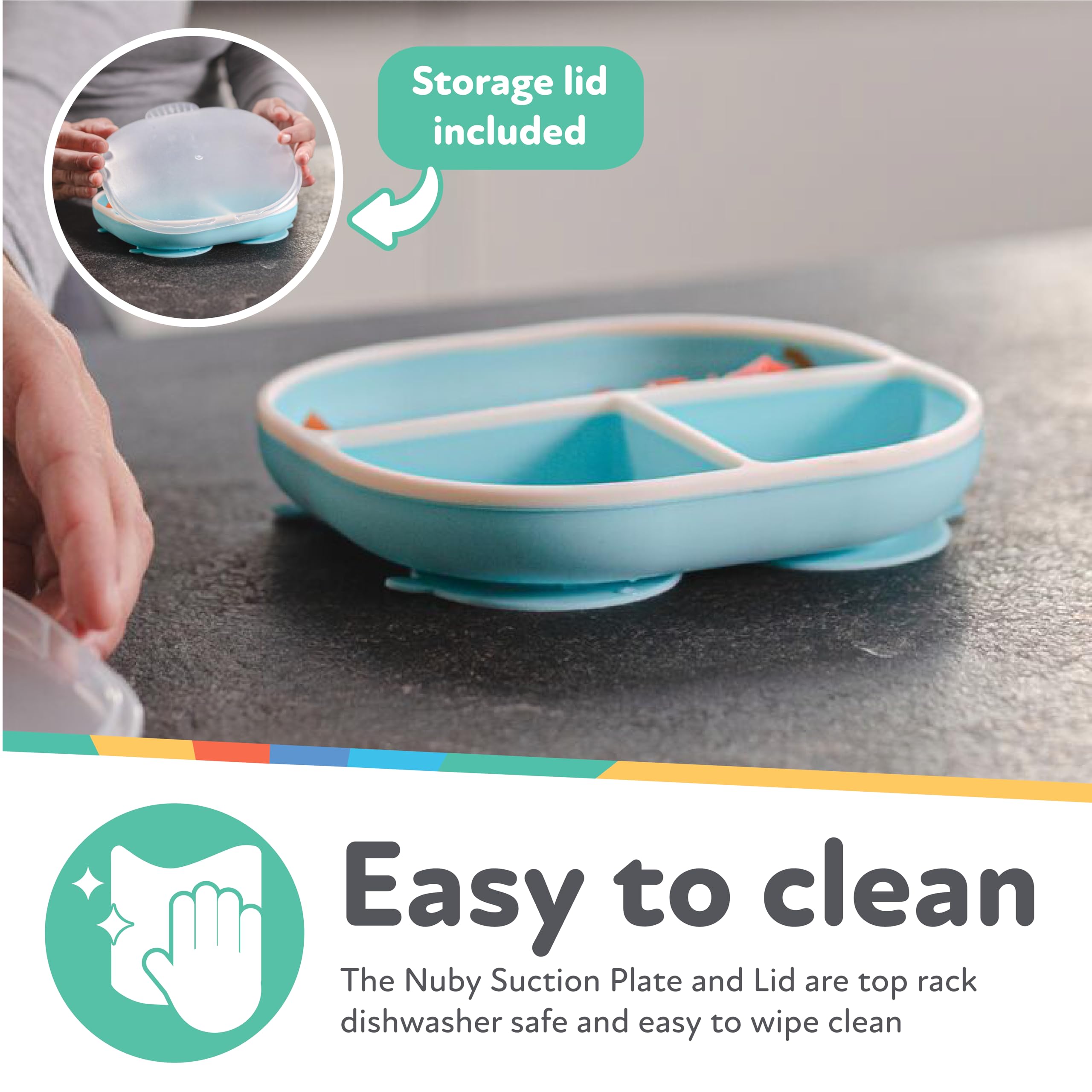 Nuby Silicone Rectangle Suction Plate with Lid - Dishwasher-Safe Baby and Toddler Plate - 6+ Months - Blue and Yellow - Back to School Essentials - Image 4