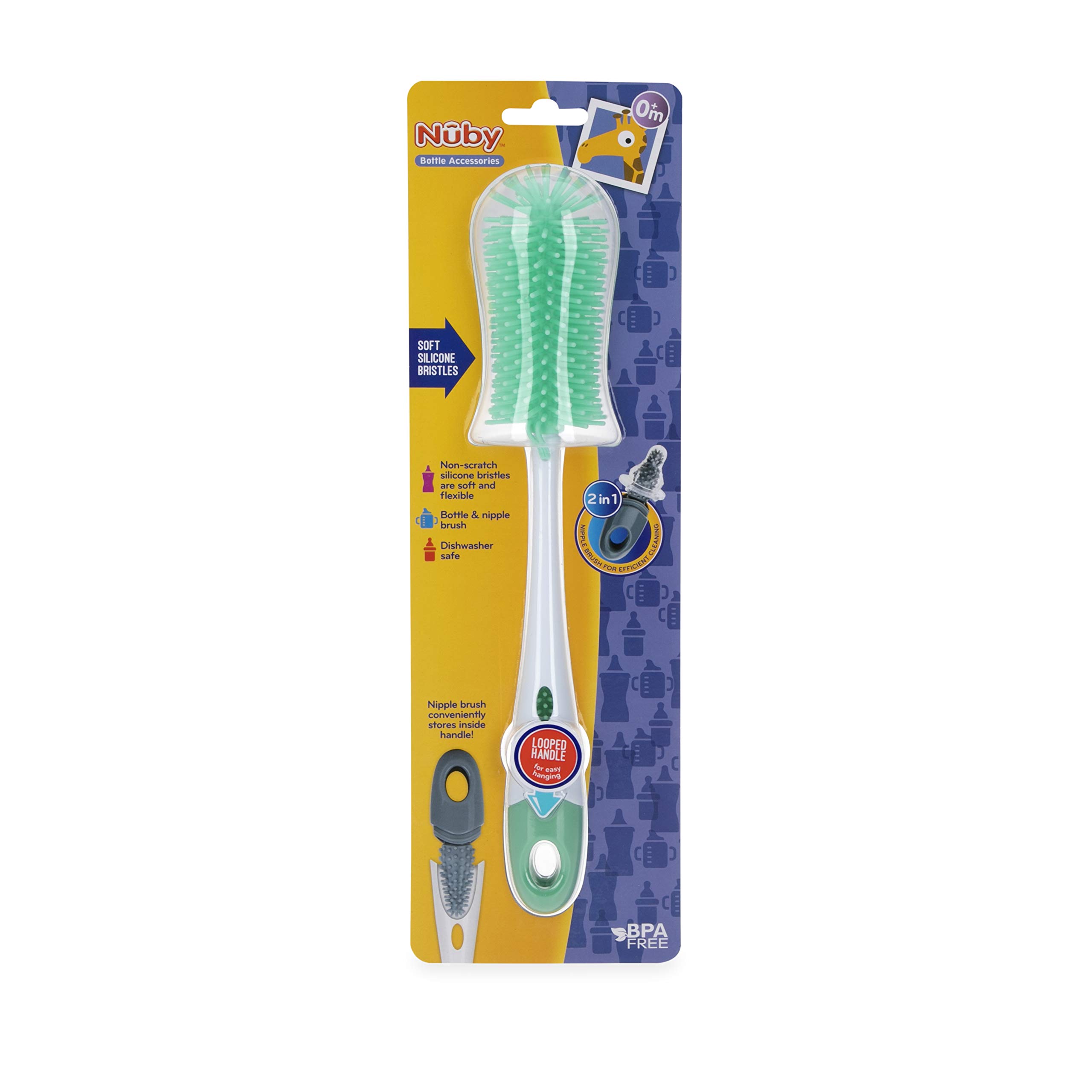 Nuby Soft Non-Scratch Silicone Bristle Bottle & Nipple Brush with Looped Handle, Aqua - Image 3