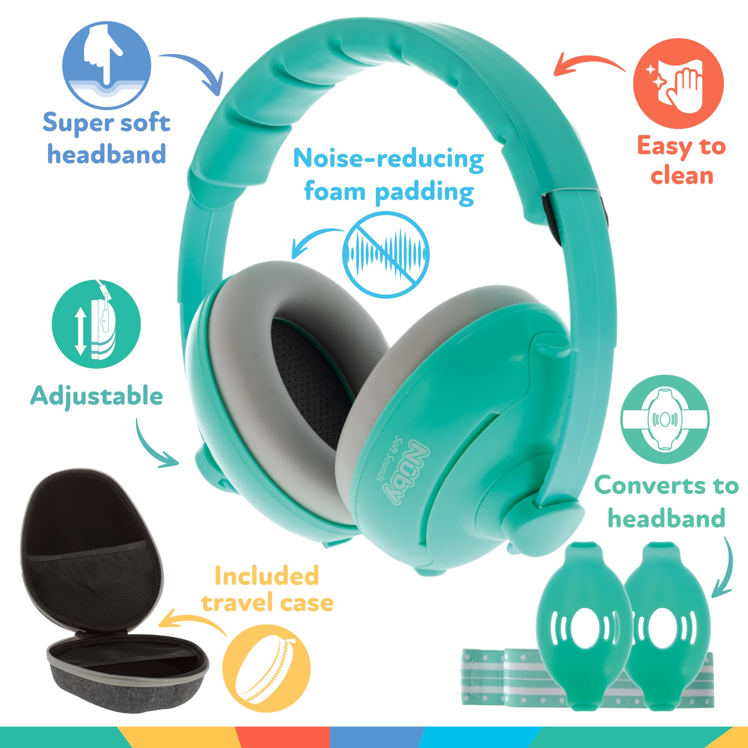 Nuby Soft Sounds 2-in-1 Noise-Canceling Baby Earmuffs with Travel Case - Adjustable Noise Protection for Infants and Toddlers - Aqua - Image 5