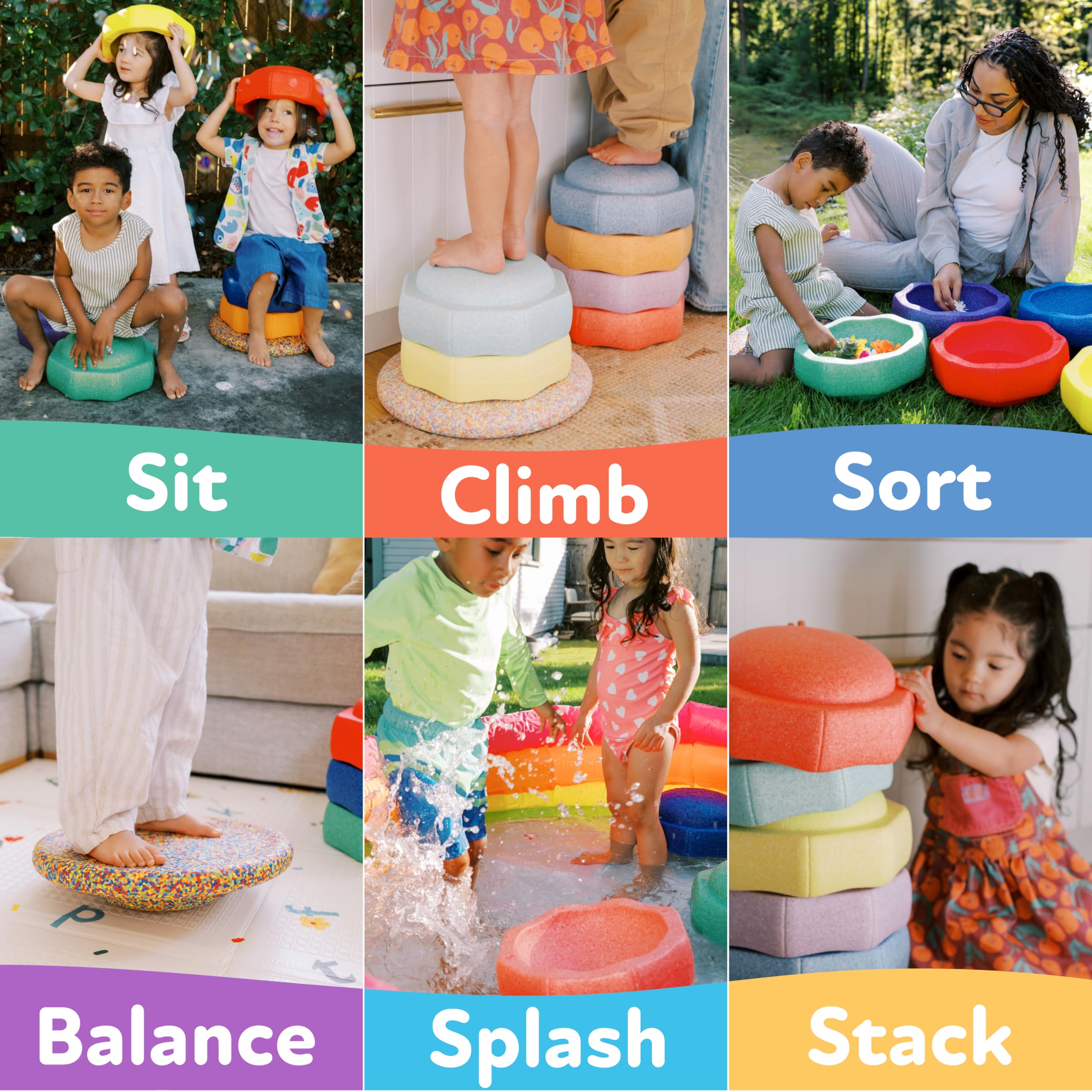 Nuby Stepping Stones StepPebbles with Balance Board - Montessori-Inspired Sensory Play - Stack, Step, & Balance Indoor & Outdoor Play - Waterproof & Holds Up to 400 lbs - Pastel Colors - Image 4