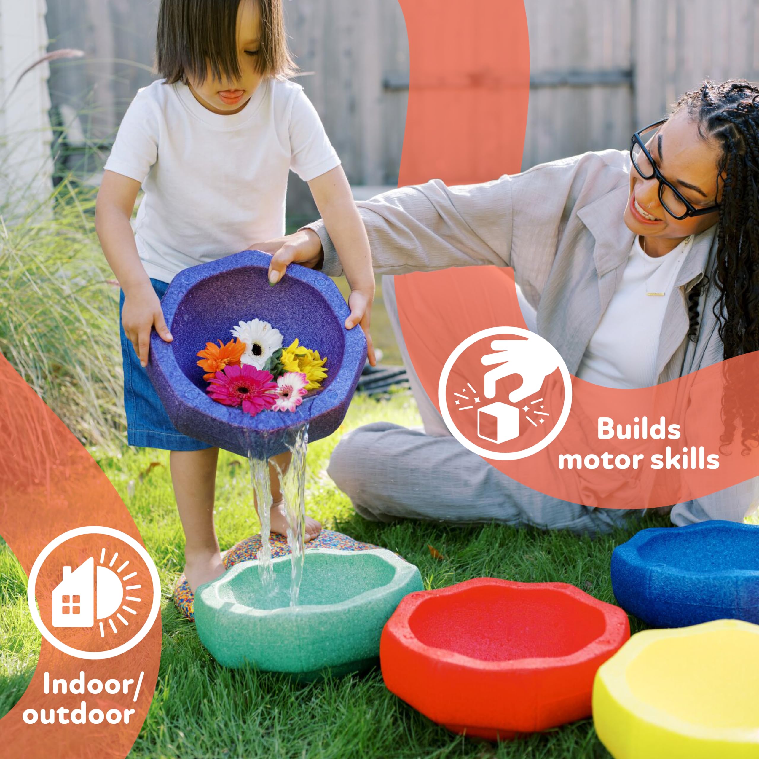 Nuby Stepping Stones StepPebbles with Balance Board - Montessori-Inspired Sensory Play - Stack, Step, & Balance Indoor & Outdoor Play - Waterproof & Holds Up to 400 lbs - Pastel Colors - Image 6