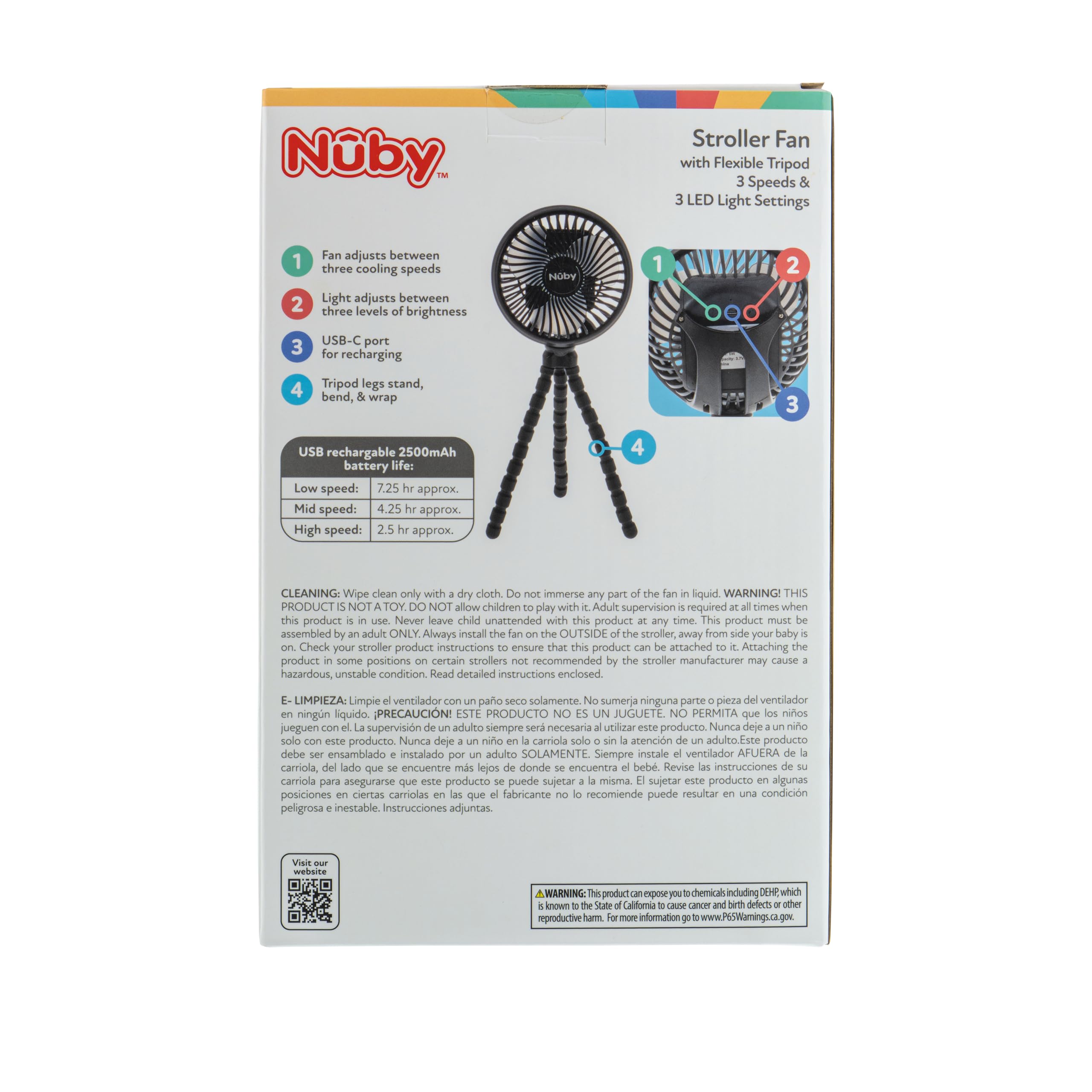 Nuby Stroller Fan with Adjustable Legs - 3-Speed Portable Fan for Car Seats and Play Yards - Stroller Accessories - Summer Travel Essentials - Black - Image 8