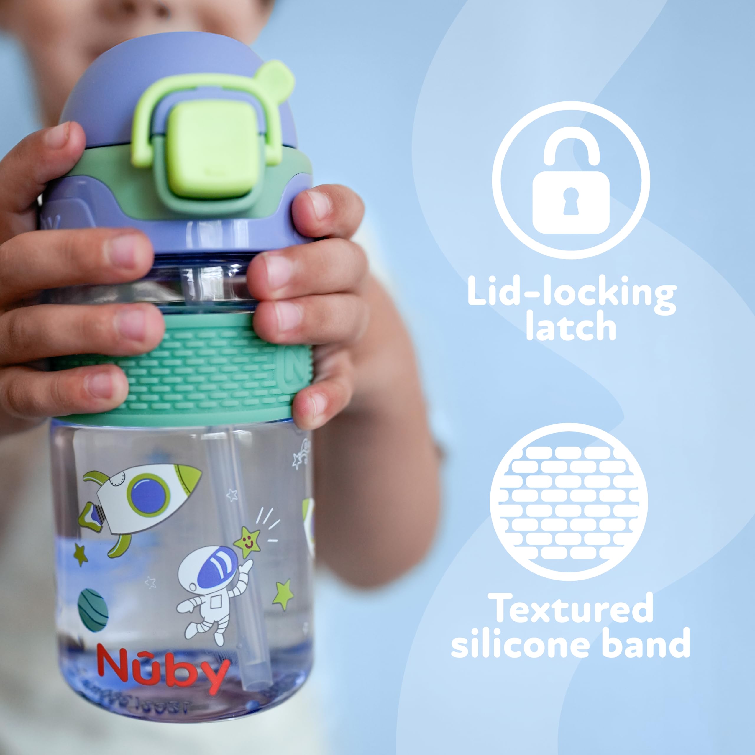 Nuby Thirsty Kids Flip-It Bolt Toddler Cup with Push-Button Locking Flip-Top and Silicone Spout - 12 oz - Easy-Grip and Spill-Resistant - 18+ Months - Space - Image 4