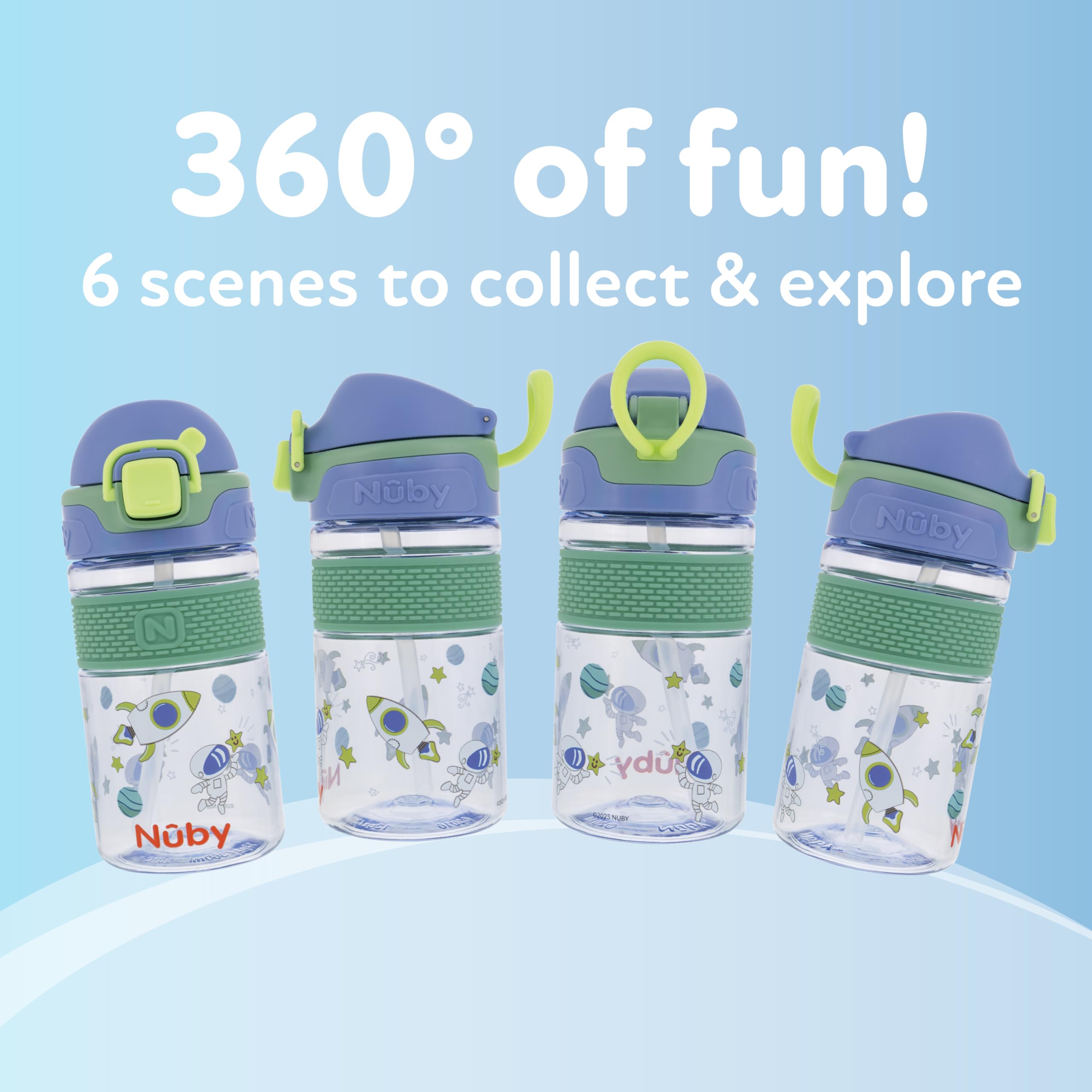 Nuby Thirsty Kids Flip-It Bolt Toddler Cup with Push-Button Locking Flip-Top and Silicone Spout - 12 oz - Easy-Grip and Spill-Resistant - 18+ Months - Space - Image 7