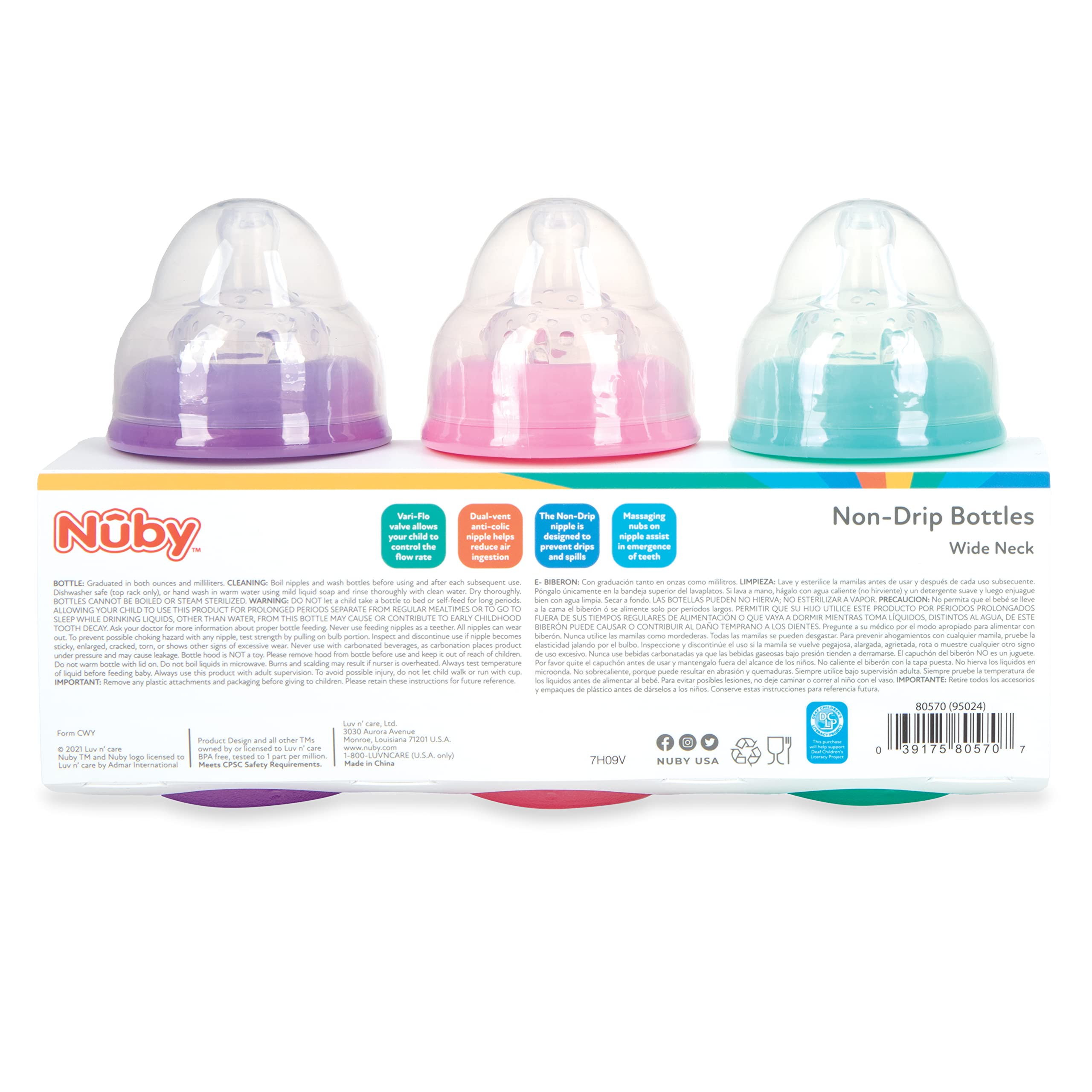 Nuby Wide Neck Non-Drip Bottle - Baby Bottles with Anti-Colic Vari-Flo Valve - (3-Pack) 8 Oz - 0+ Months - Aqua, Pink, Purple - Image 10