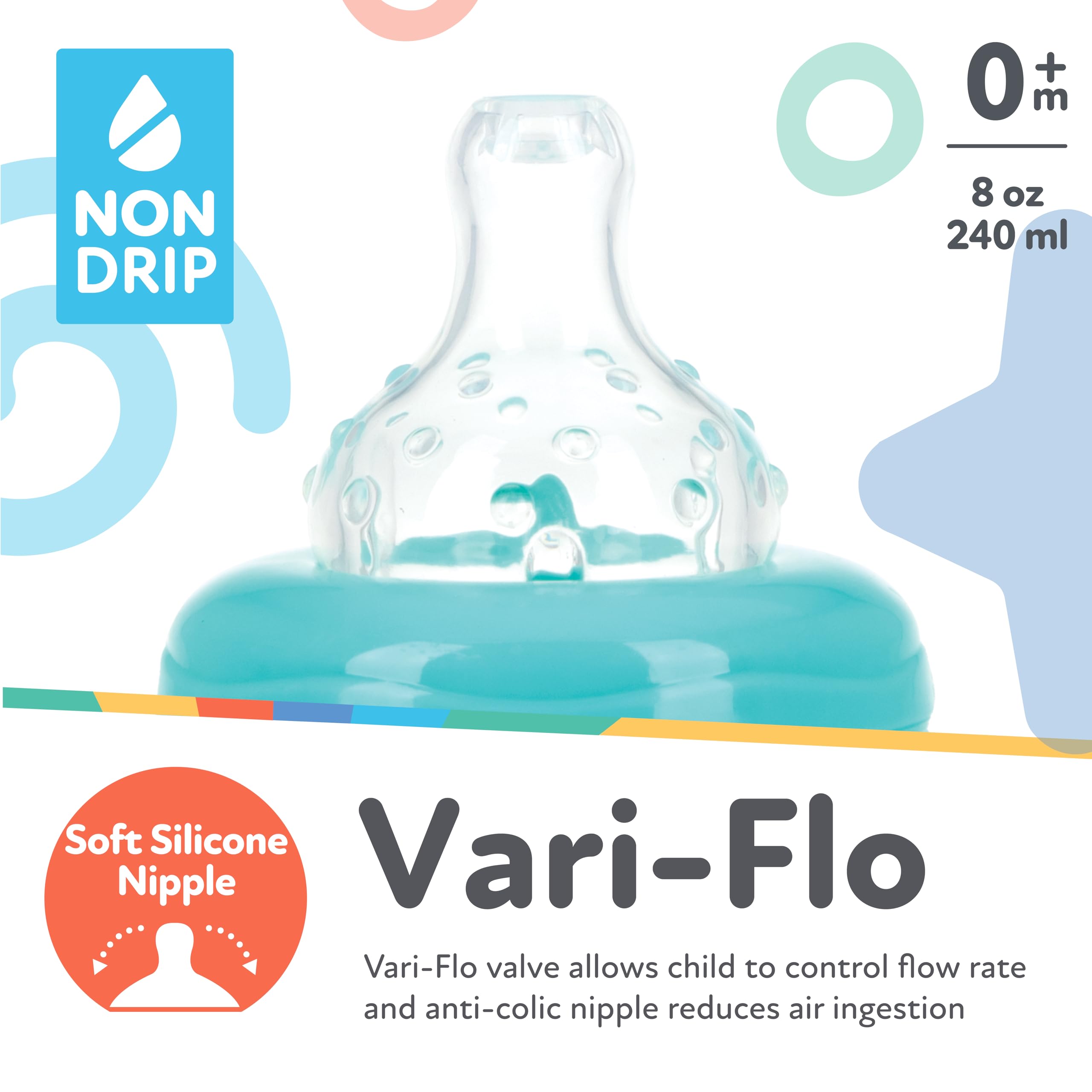 Nuby Wide Neck Non-Drip Bottle - Baby Bottles with Anti-Colic Vari-Flo Valve - (3-Pack) 8 Oz - 0+ Months - Aqua, Pink, Purple - Image 3