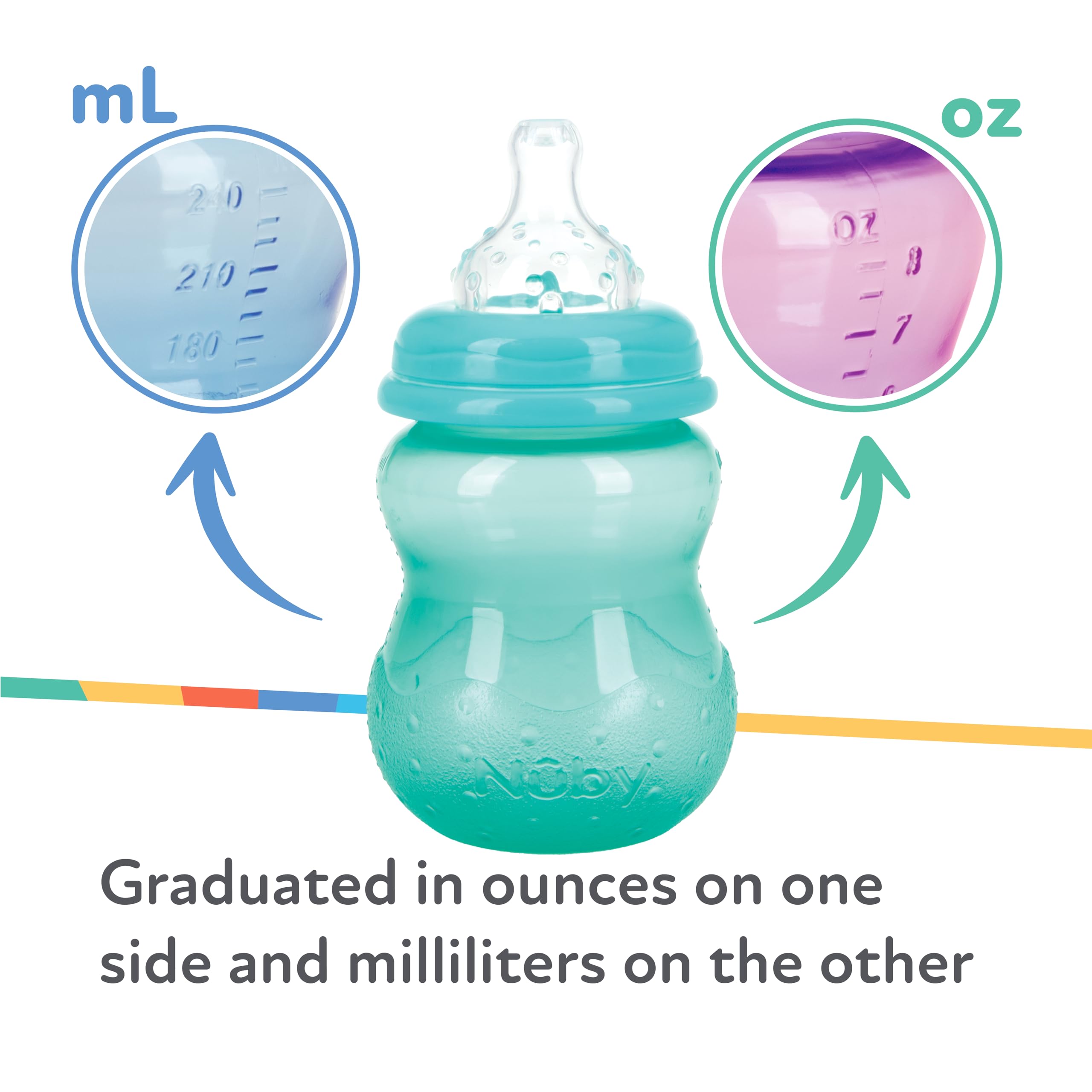 Nuby Wide Neck Non-Drip Bottle - Baby Bottles with Anti-Colic Vari-Flo Valve - (3-Pack) 8 Oz - 0+ Months - Aqua, Pink, Purple - Image 4