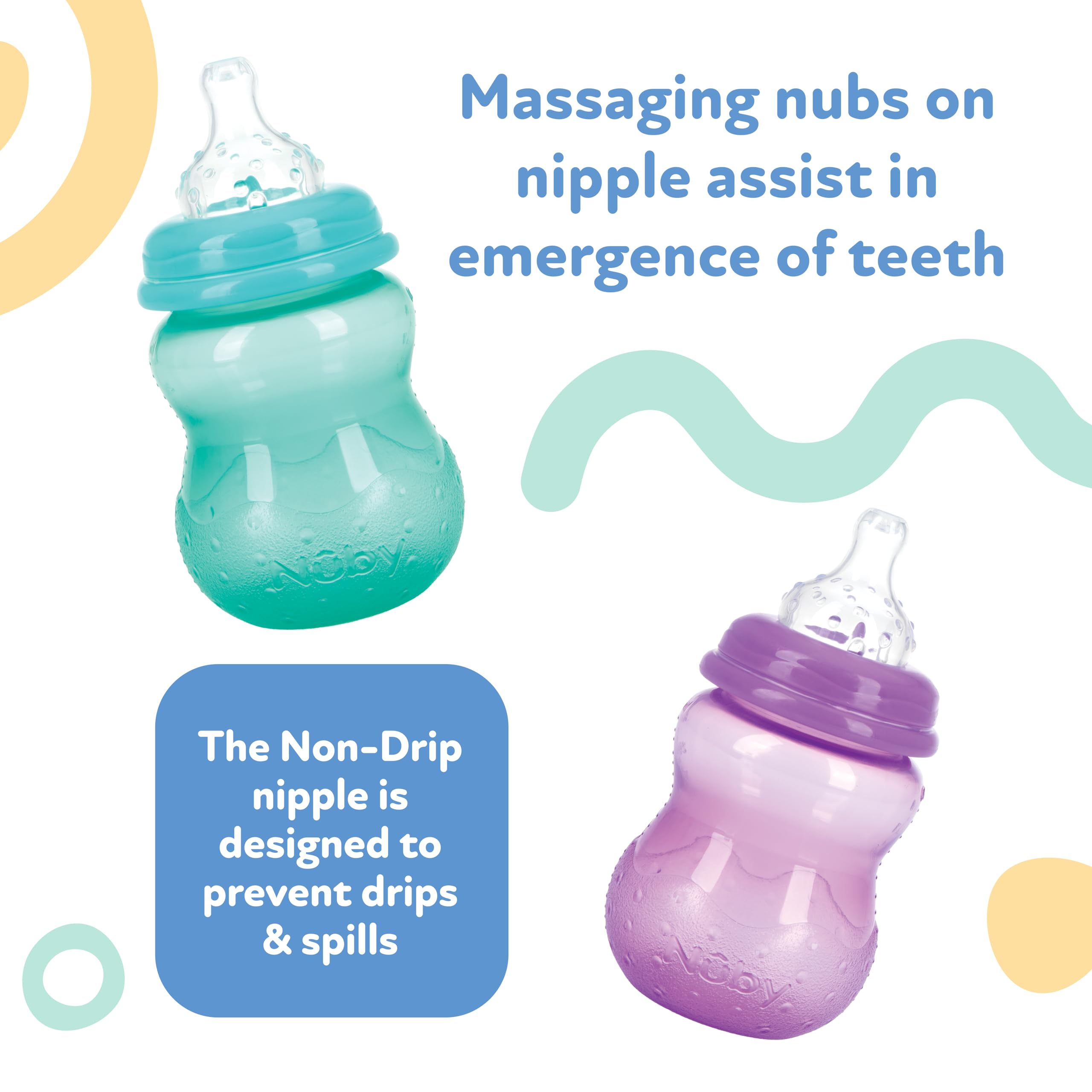 Nuby Wide Neck Non-Drip Bottle - Baby Bottles with Anti-Colic Vari-Flo Valve - (3-Pack) 8 Oz - 0+ Months - Aqua, Pink, Purple - Image 5