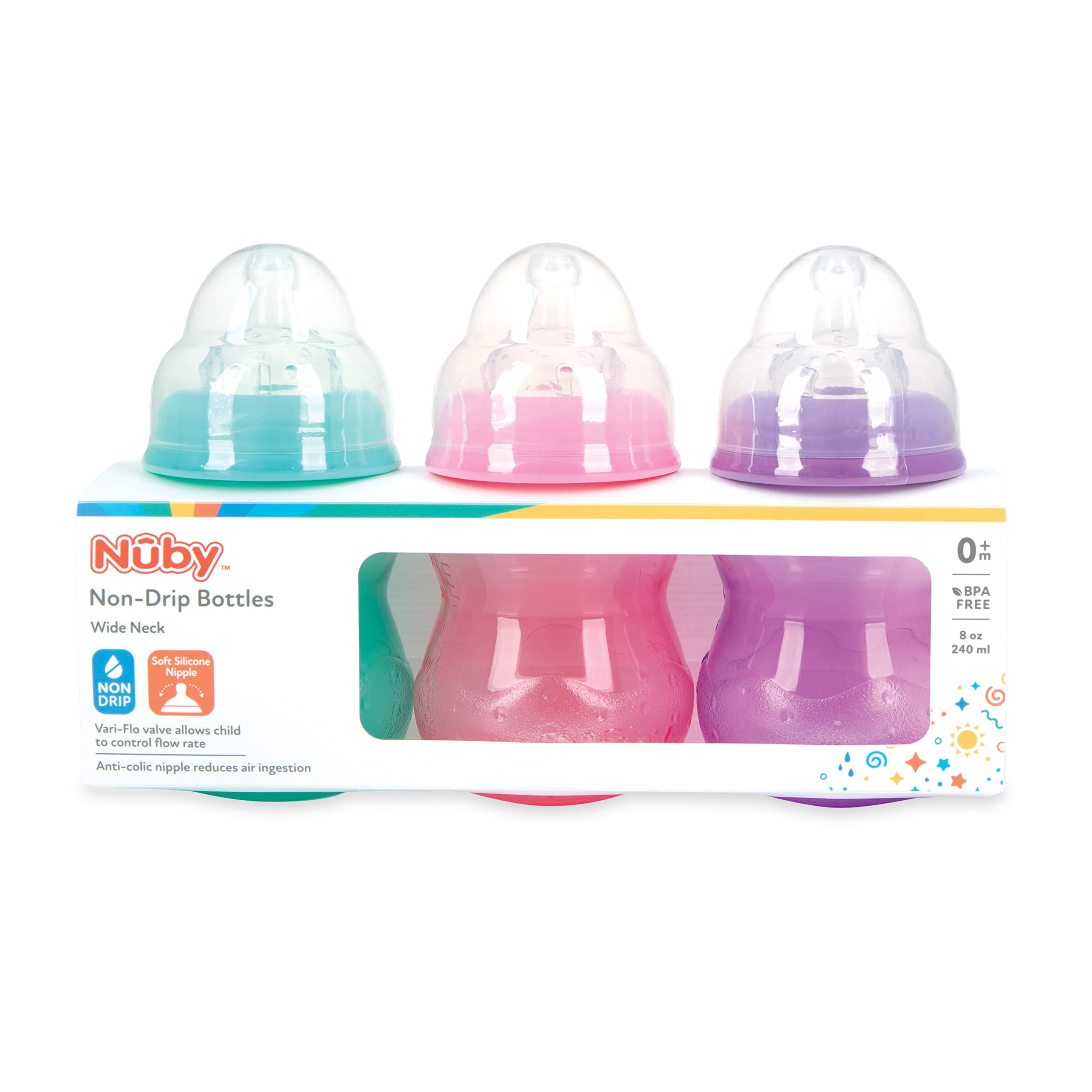 Nuby Wide Neck Non-Drip Bottle - Baby Bottles with Anti-Colic Vari-Flo Valve - (3-Pack) 8 Oz - 0+ Months - Aqua, Pink, Purple - Image 9