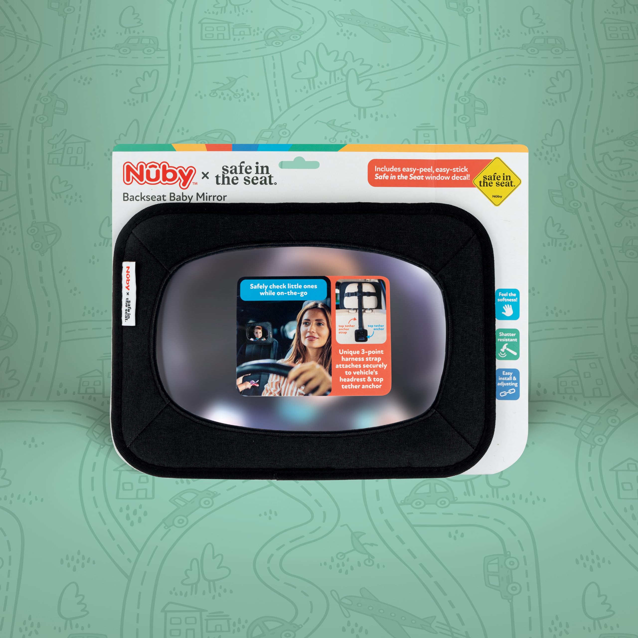 Nuby x Safe in the Seat Backseat Baby Mirror - Shatter-Resistant Car Mirror with Tether Anchor Strap - Fits Most Headrests for Rear-Facing Baby Monitoring - Image 6