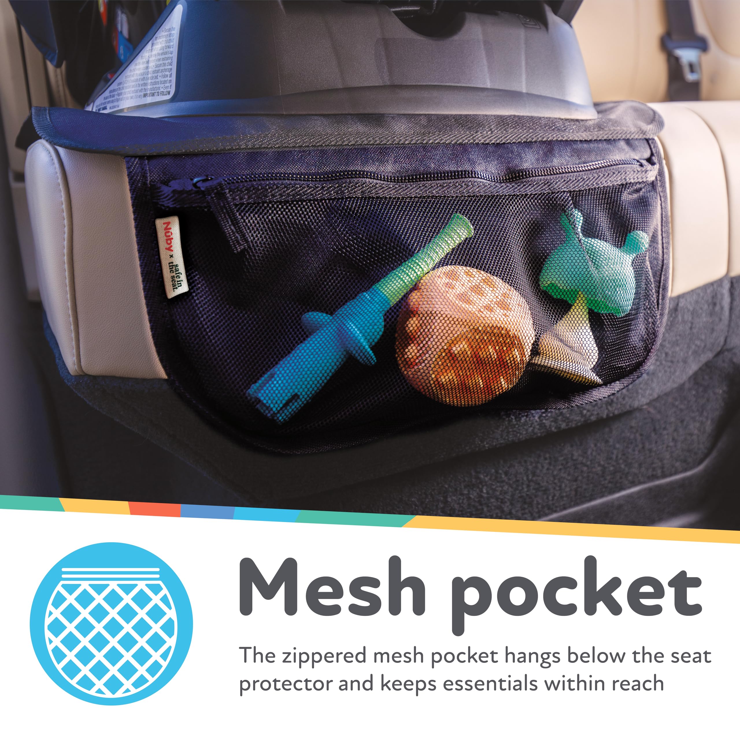 Nuby x Safe In The Seat Car Seat Protector - Compatible with Rear & Forward Facing Car Seats - Visual Learning Pocket, Mesh Storage & Adjustable Strap - Image 3