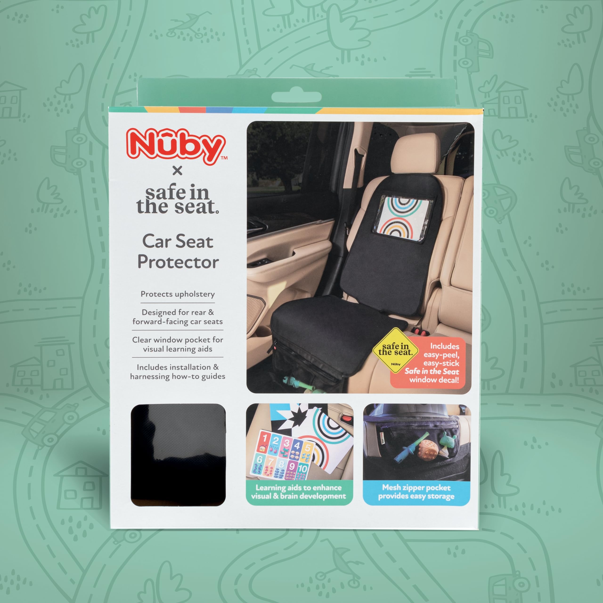 Nuby x Safe In The Seat Car Seat Protector - Compatible with Rear & Forward Facing Car Seats - Visual Learning Pocket, Mesh Storage & Adjustable Strap - Image 6