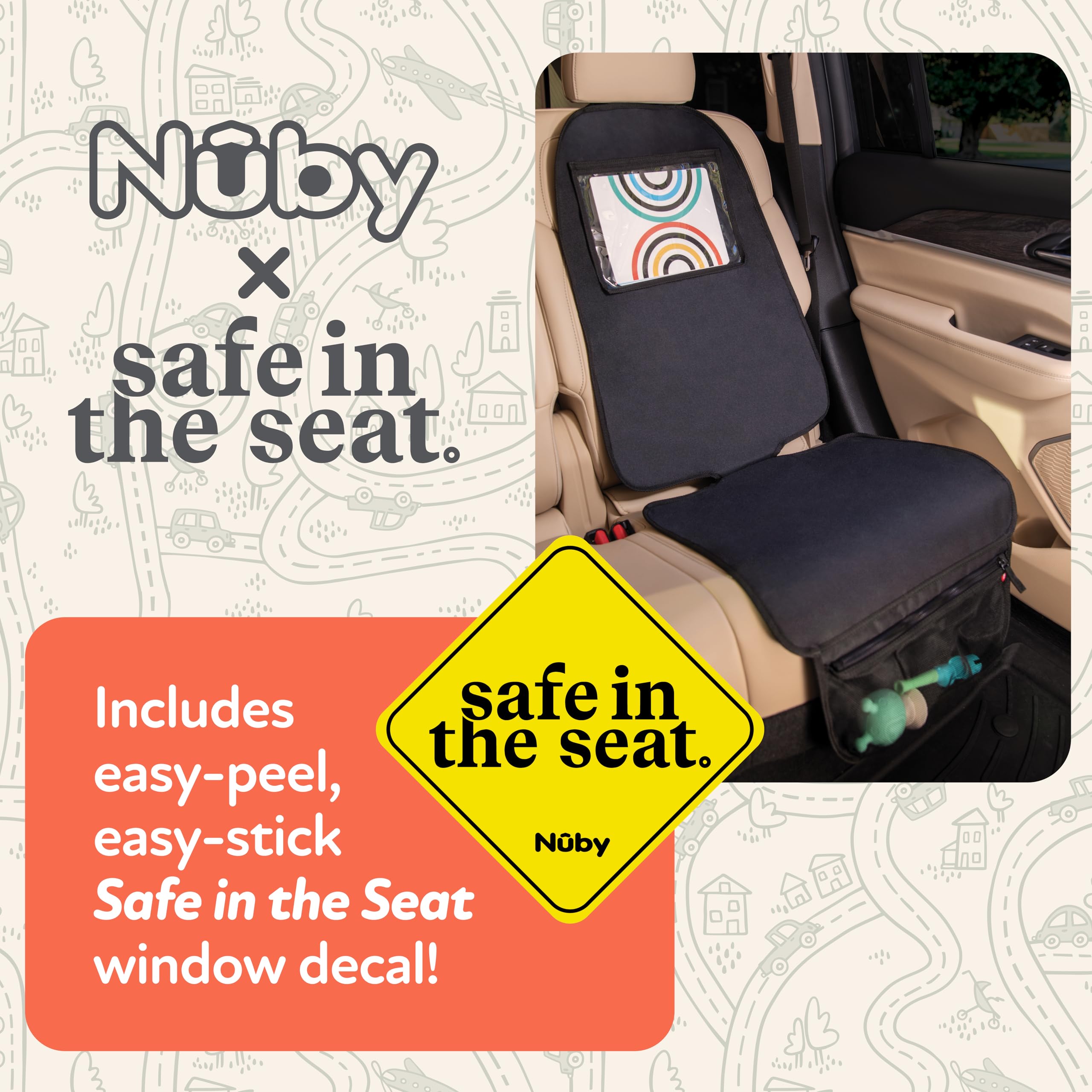 Nuby x Safe In The Seat Car Seat Protector - Compatible with Rear & Forward Facing Car Seats - Visual Learning Pocket, Mesh Storage & Adjustable Strap - Image 7